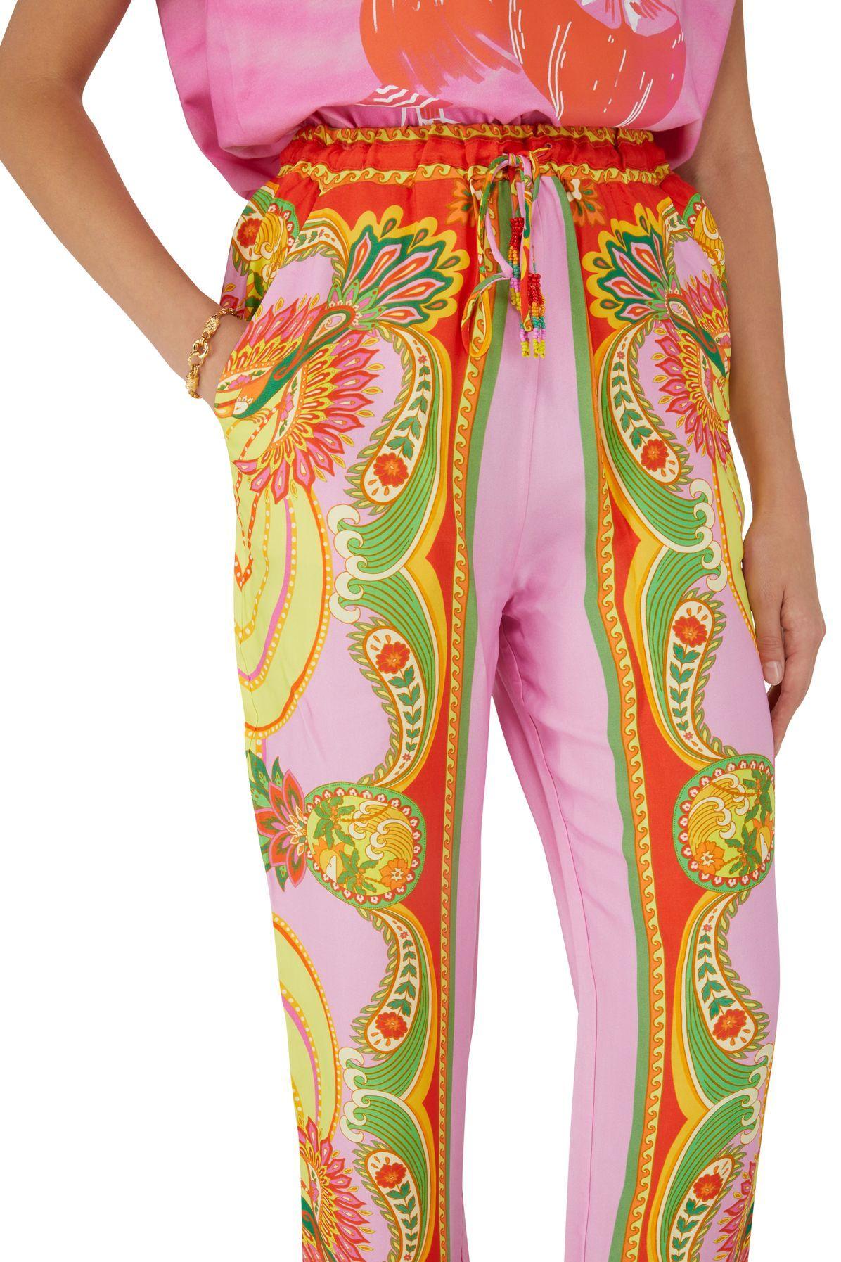 Paisley Print High Waist Trousers - Pink/Multi or Orange/Multi