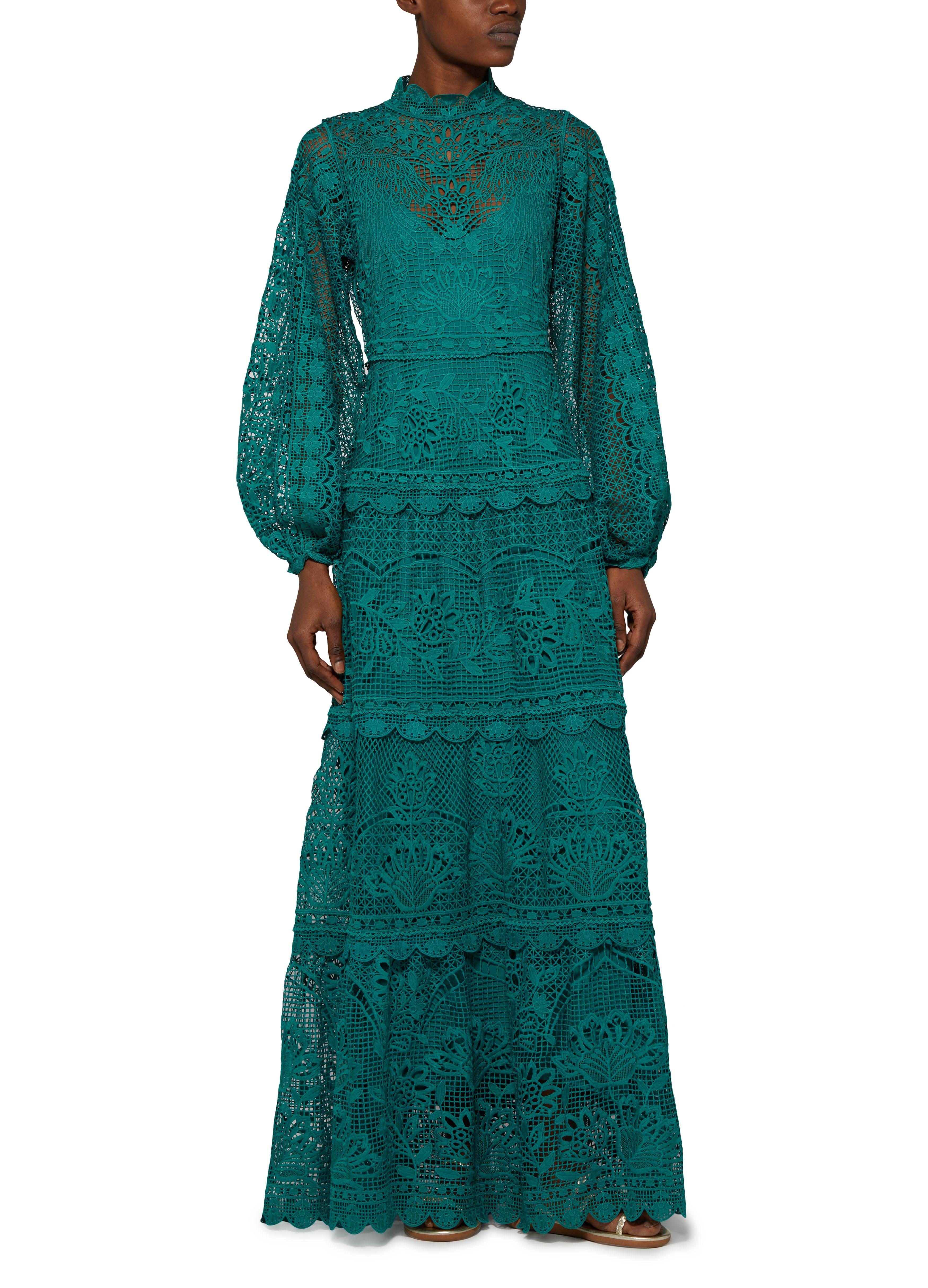 FARM Rio Dark Guipure Long Sleeve Maxi Dress in Green | Lyst