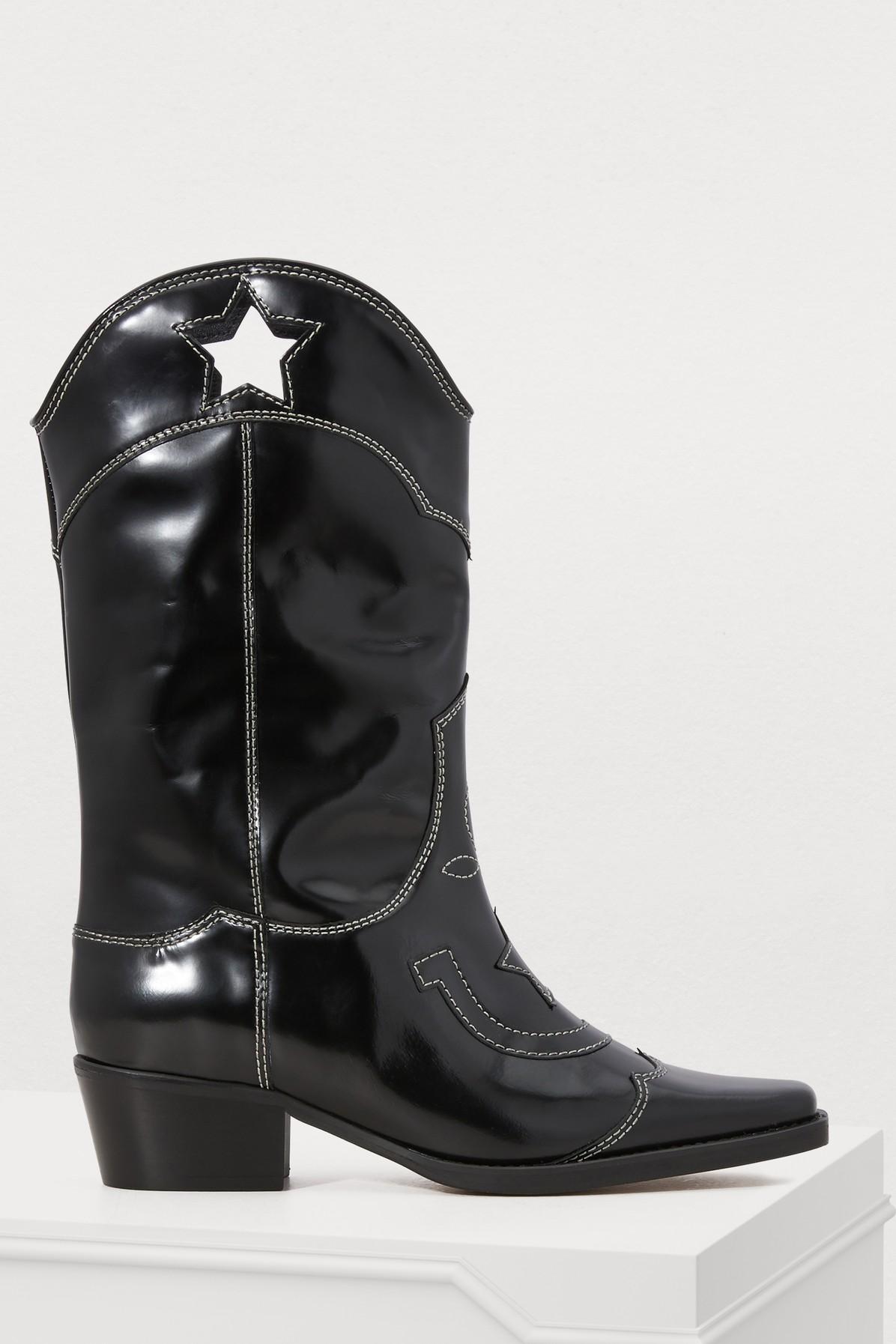 Ganni Leather Marlyn Western Boots in Black - Lyst