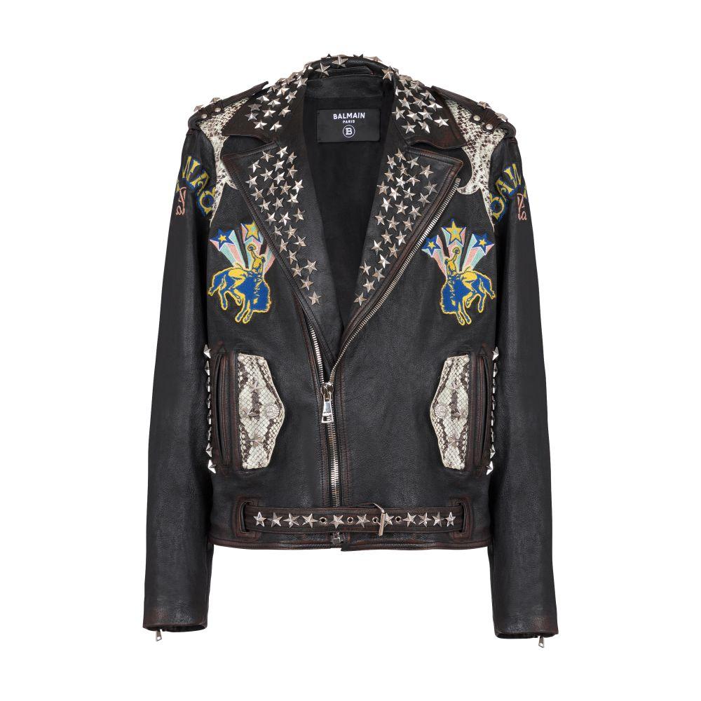 BALMAIN 裏地ロゴ 羊革 ステッチ バイカラー フーデッドコート ボールド フォックスヘッド パッチ コンフォート ジップ