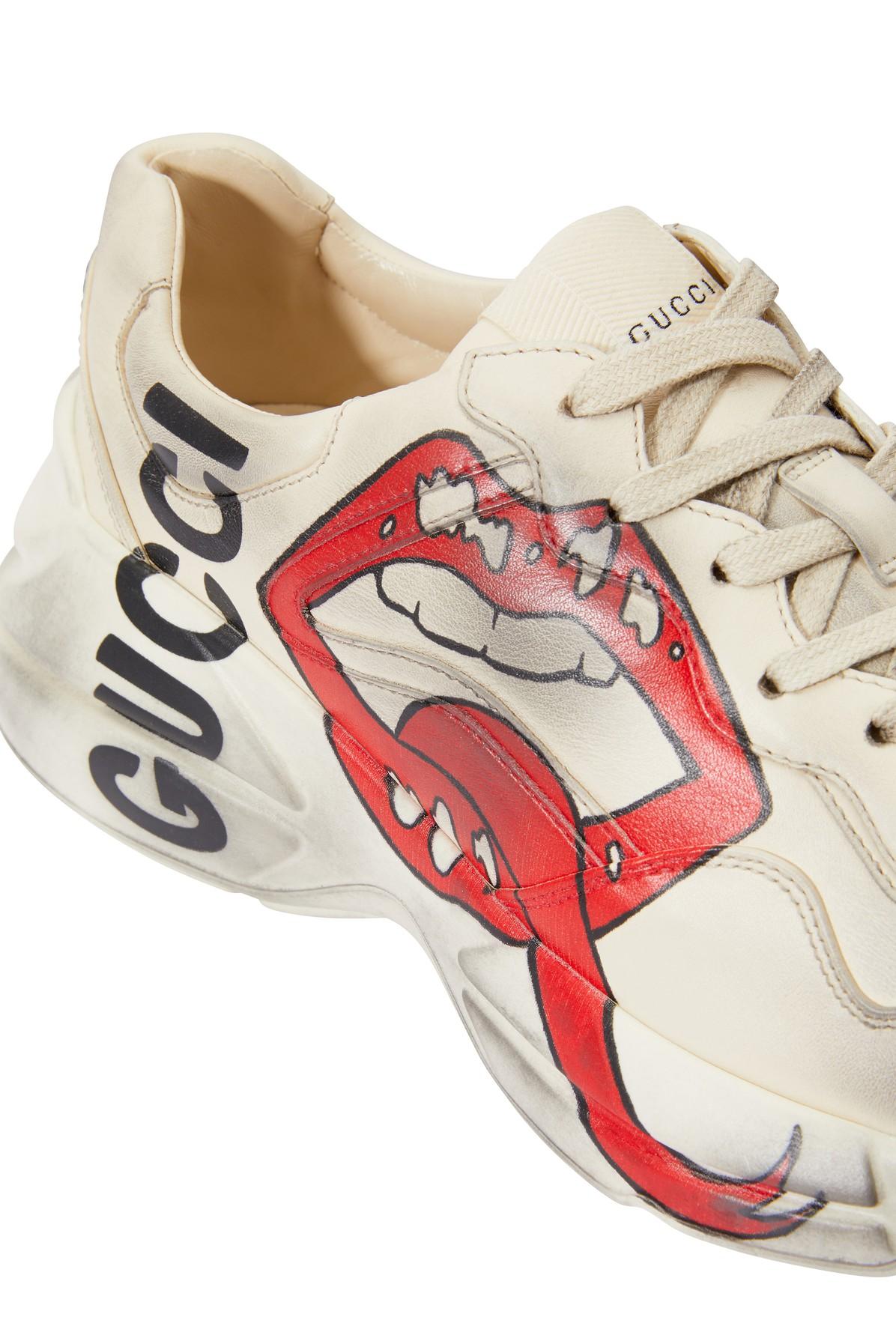 Gucci Rhyton Leather Sneakers With Maxi Mouth Print in White | Lyst