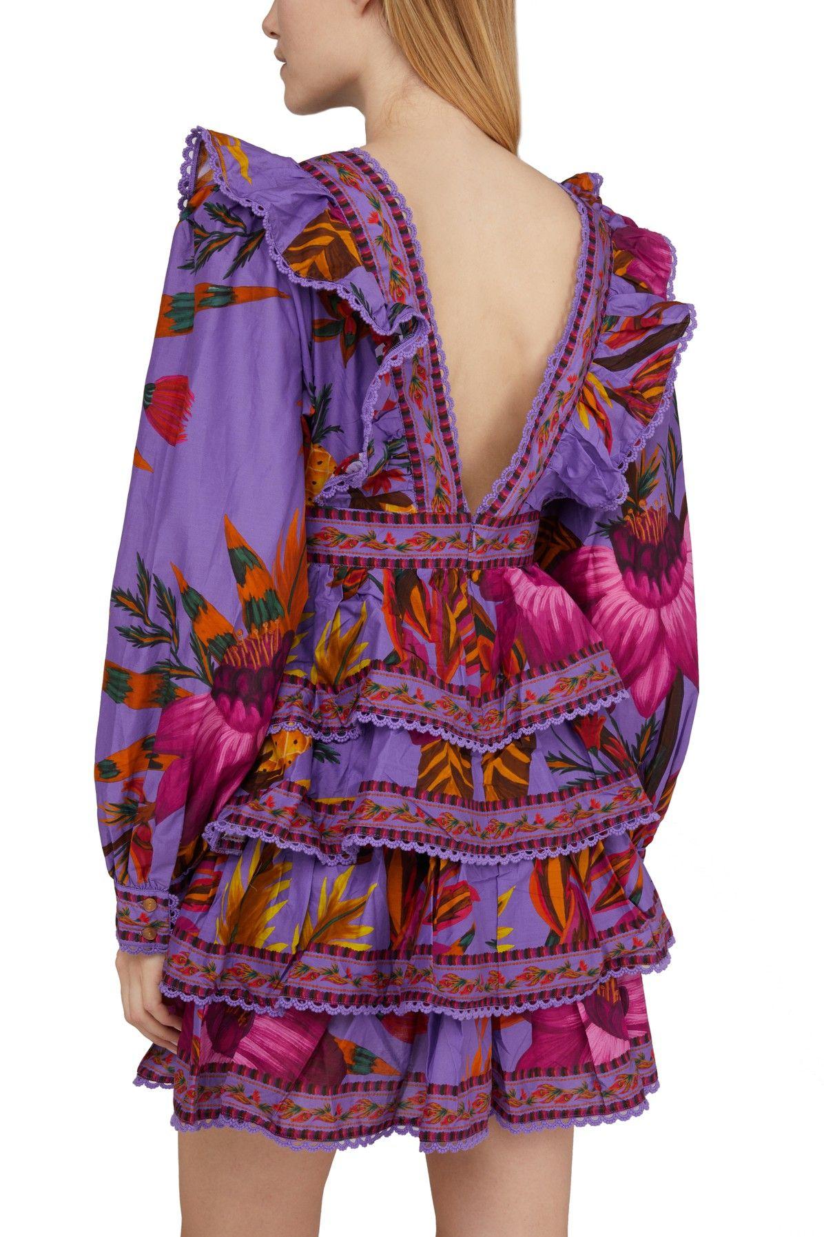 knee length dresses for ladies Farm Rio Sand Embroidered Tapestry Long Sleeve Mini Dress, Embroidered Tapestry Sand / S