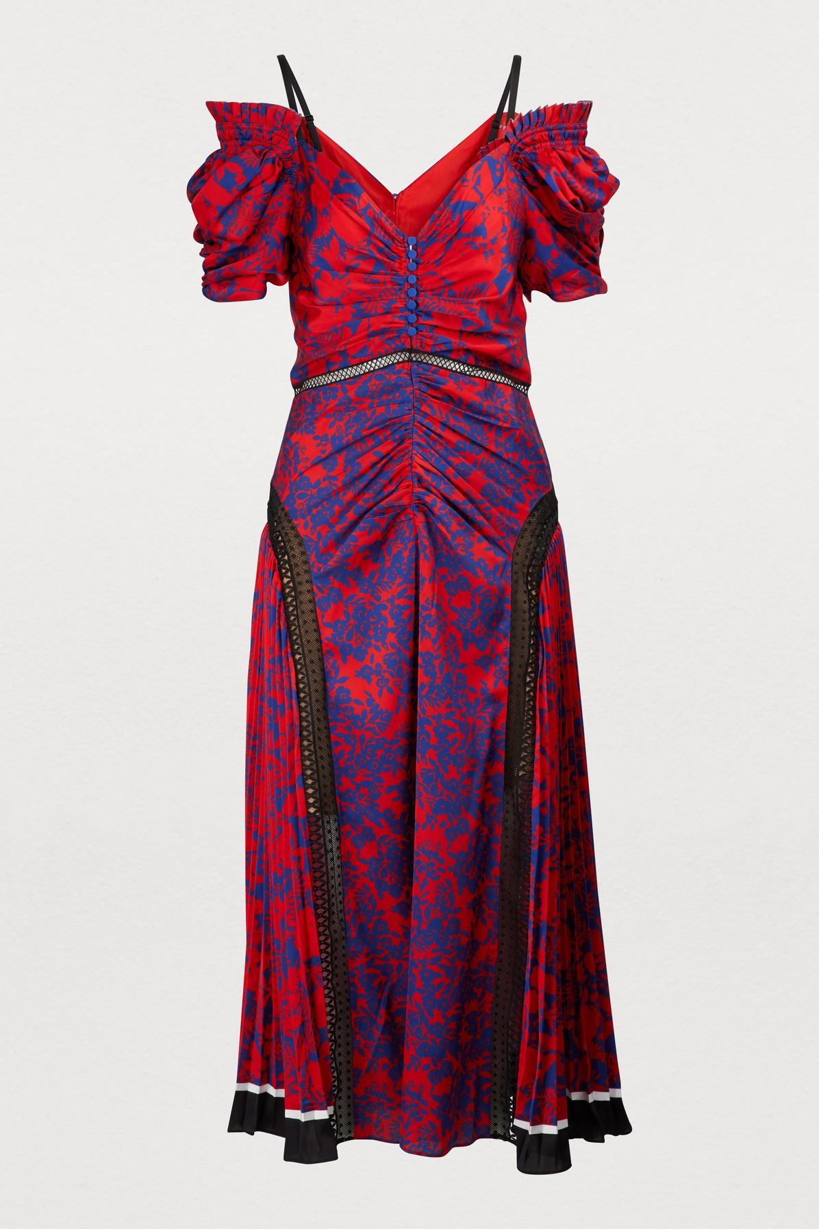 self portrait cold shoulder floral printed dress in green Self-Portrait Cold-shoulder Floral-print Satin Midi Dress in Red