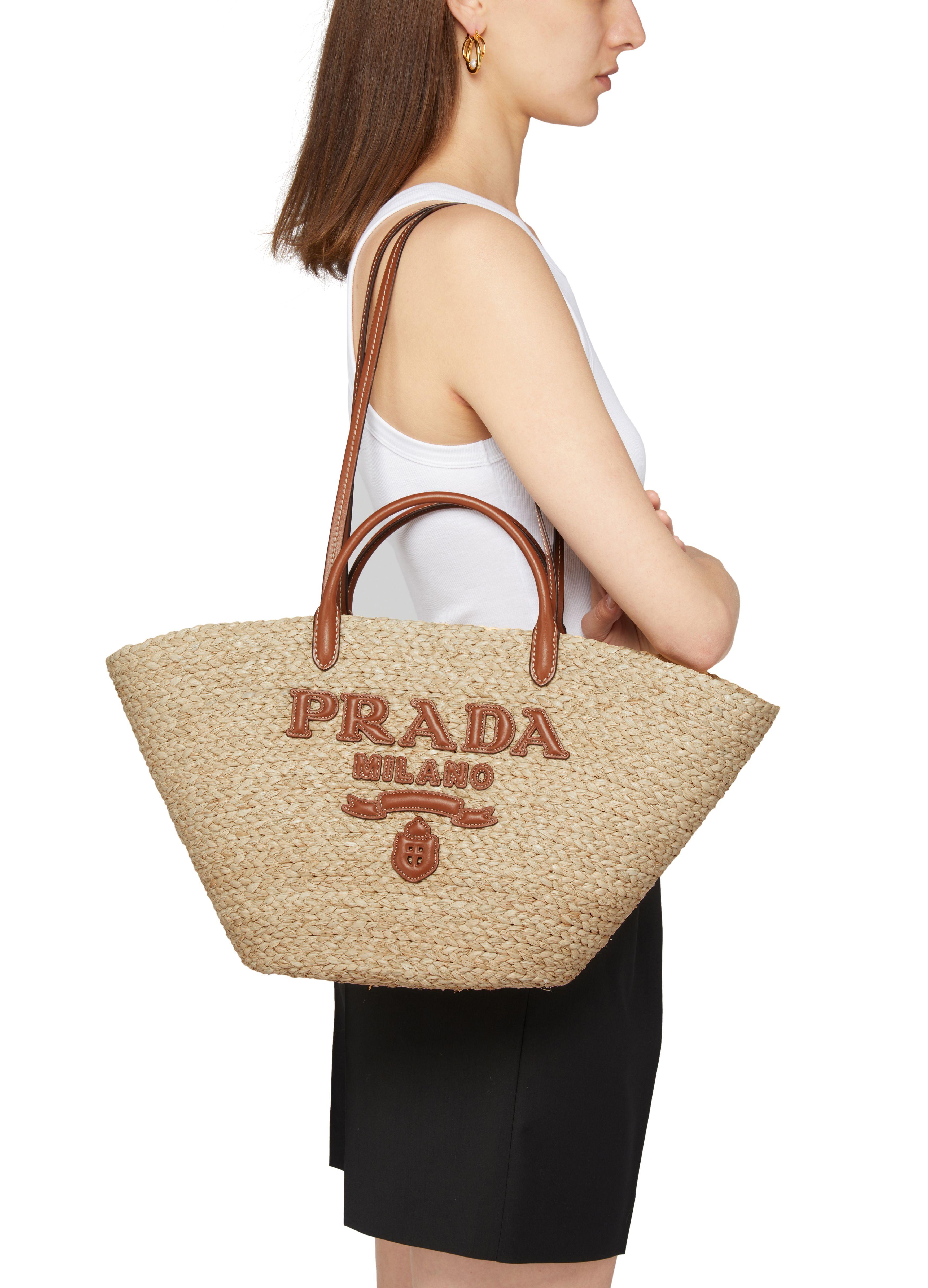 Prada Large Raffia And Leather Basket in Brown | Lyst