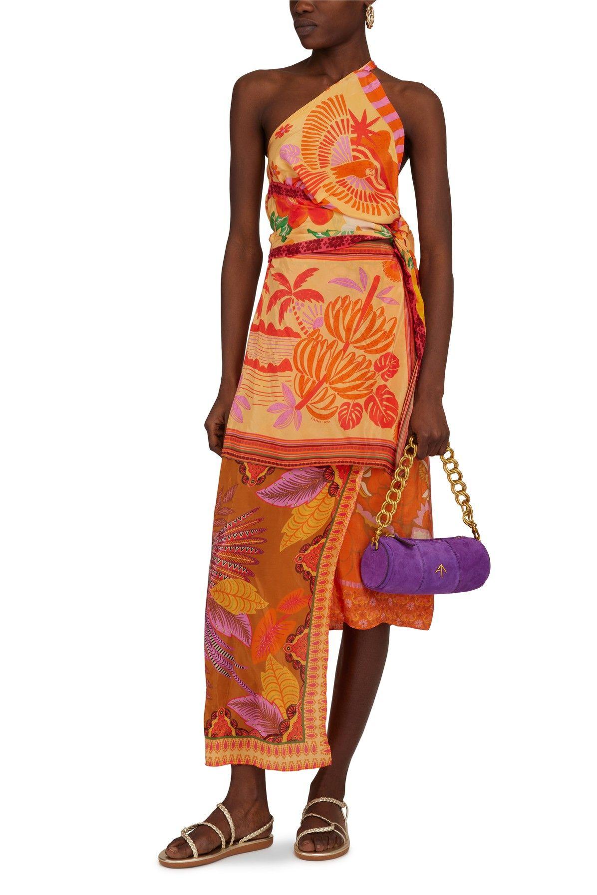 FARM Rio Forest Mixed Scarves Midi Dress in Orange | Lyst