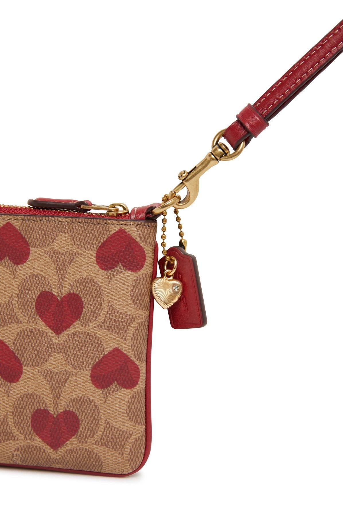 Coach Signature Coated Canvas with Heart Print Wristlet - Tan Red Apple