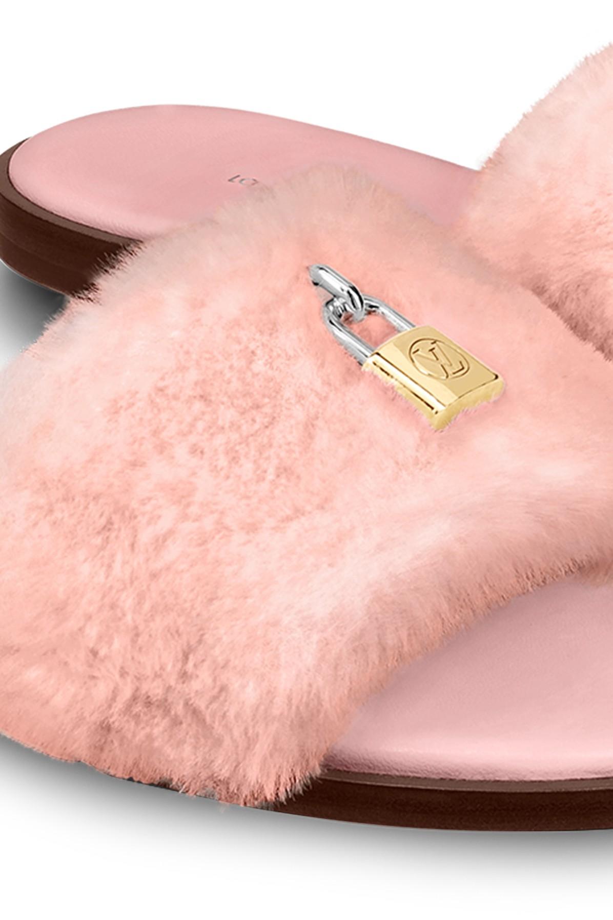 Louis Vuitton Pink/Red Mink Fur Lock It Flat Slide Sandals Size