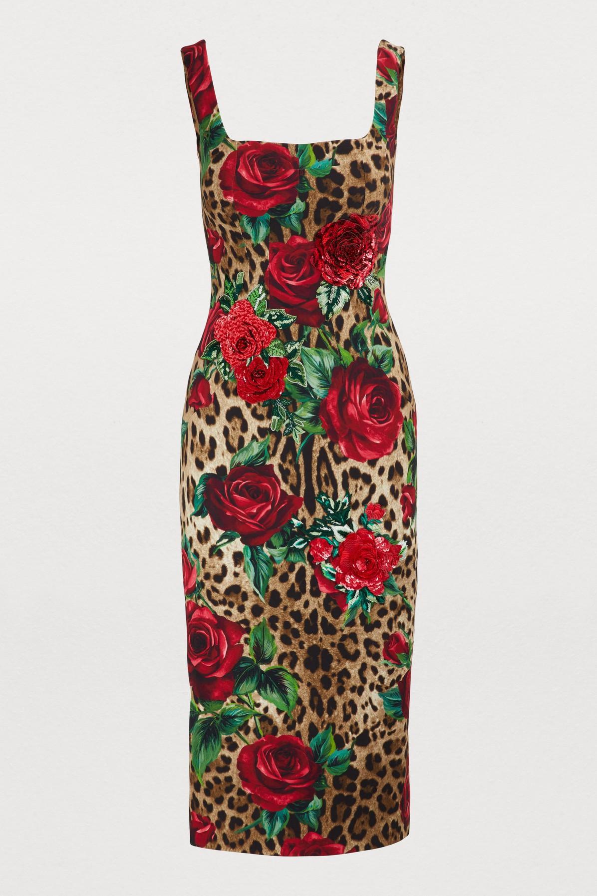 Robe midi léopard et roses Dolce & Gabbana | Lyst