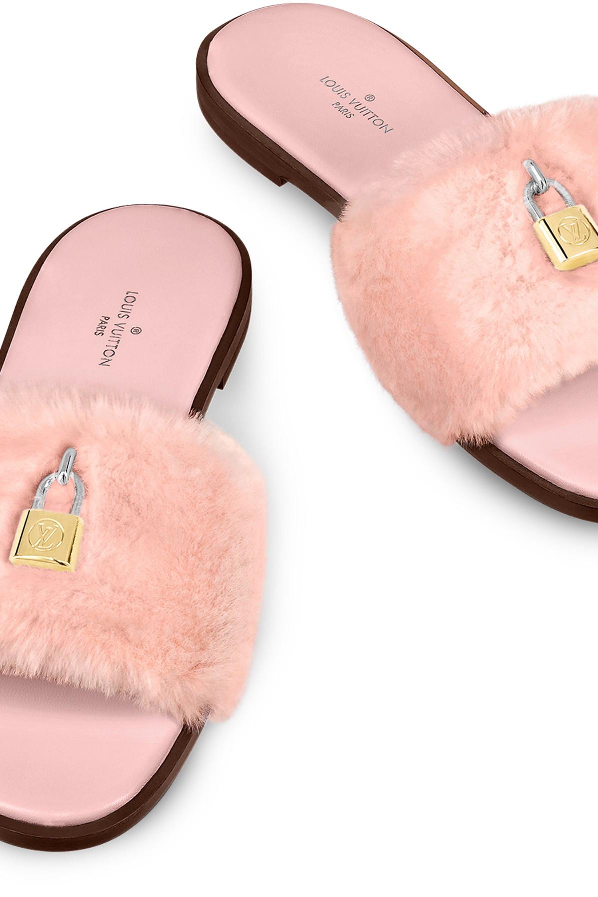 Louis Vuitton Pink Mink Fur Lock It Flat Slides - Depop