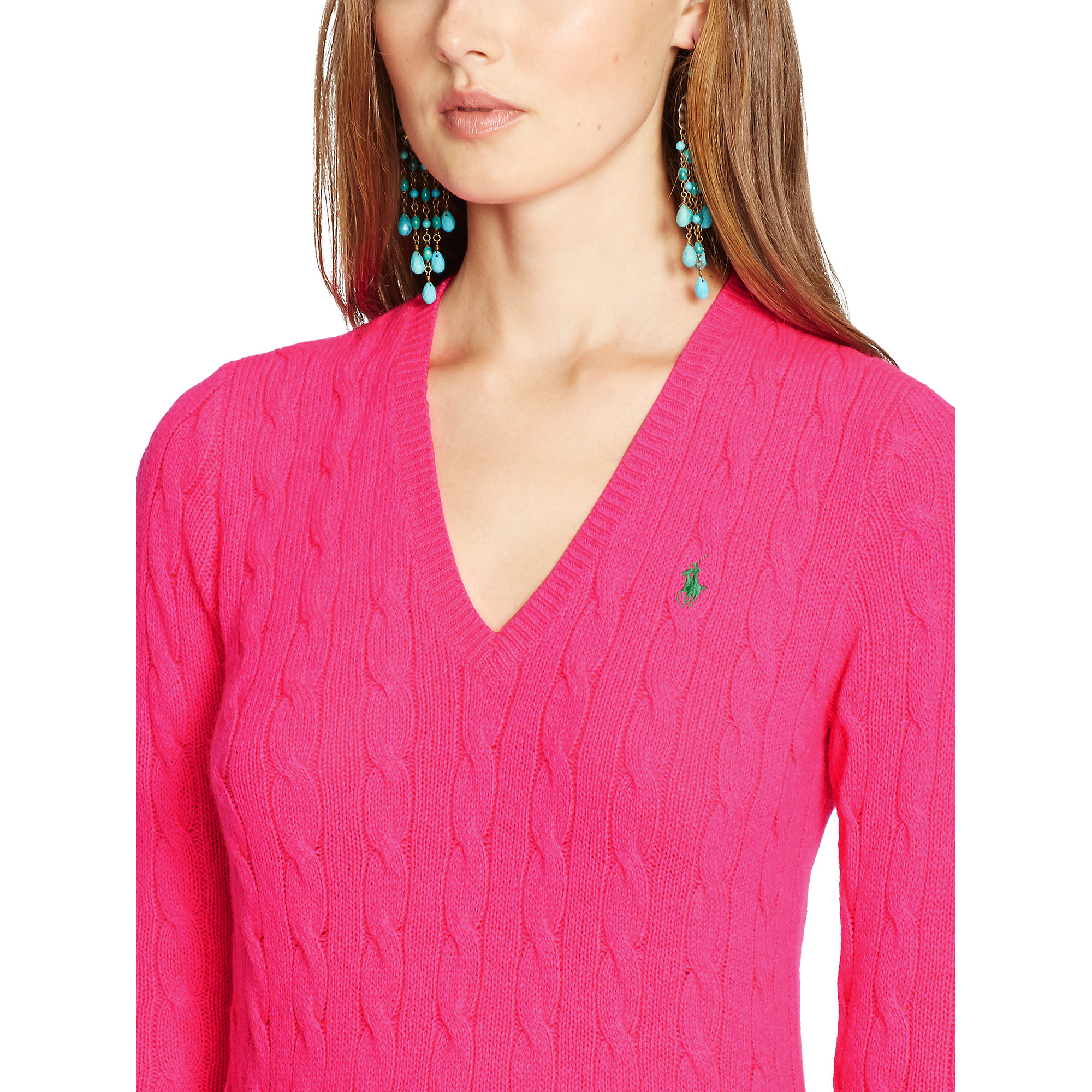 Polo Ralph Lauren Cable-Knit V-Neck Sweater in Pink | Lyst