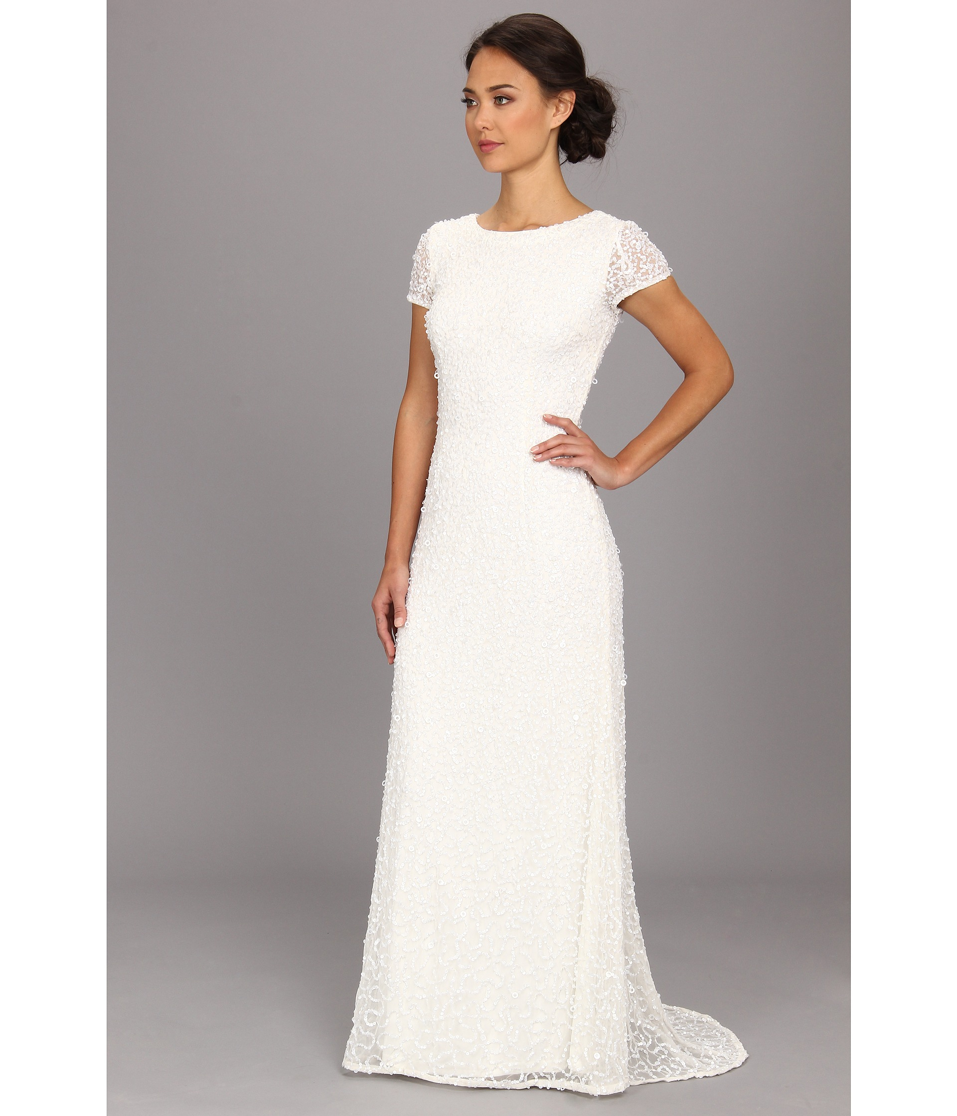 Adrianna Papell Cap Sleeve Scoop Back Beaded Down Dress in White | Lyst