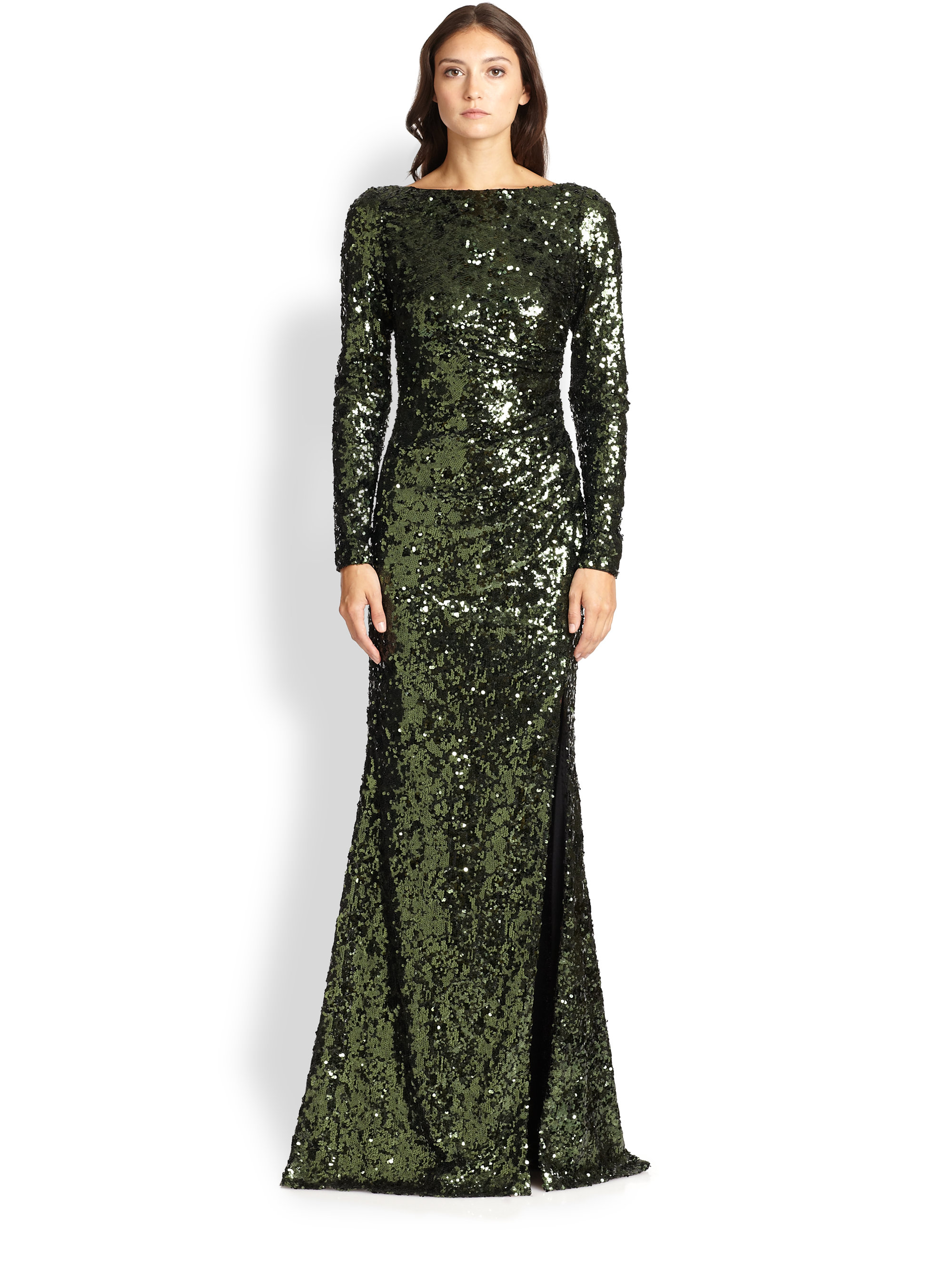 Badgley Mischka Sequin V-Back Gown in Green - Lyst