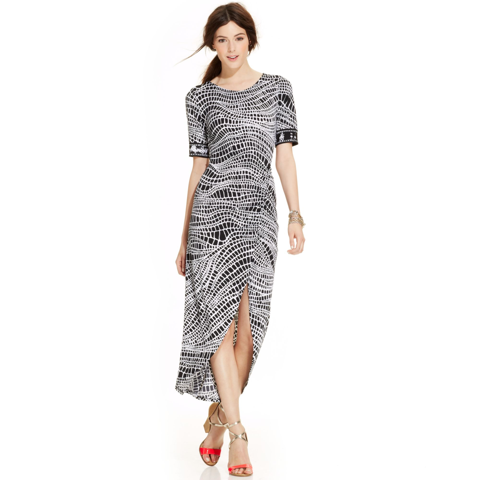 Lyst - Eci Printed Ruched Slit Maxi Dress in White