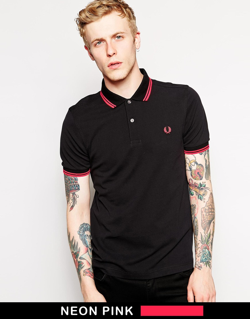 Fred perry Soho Neon Polo with Neon Pink Tipping Slim Fit in Black for ...