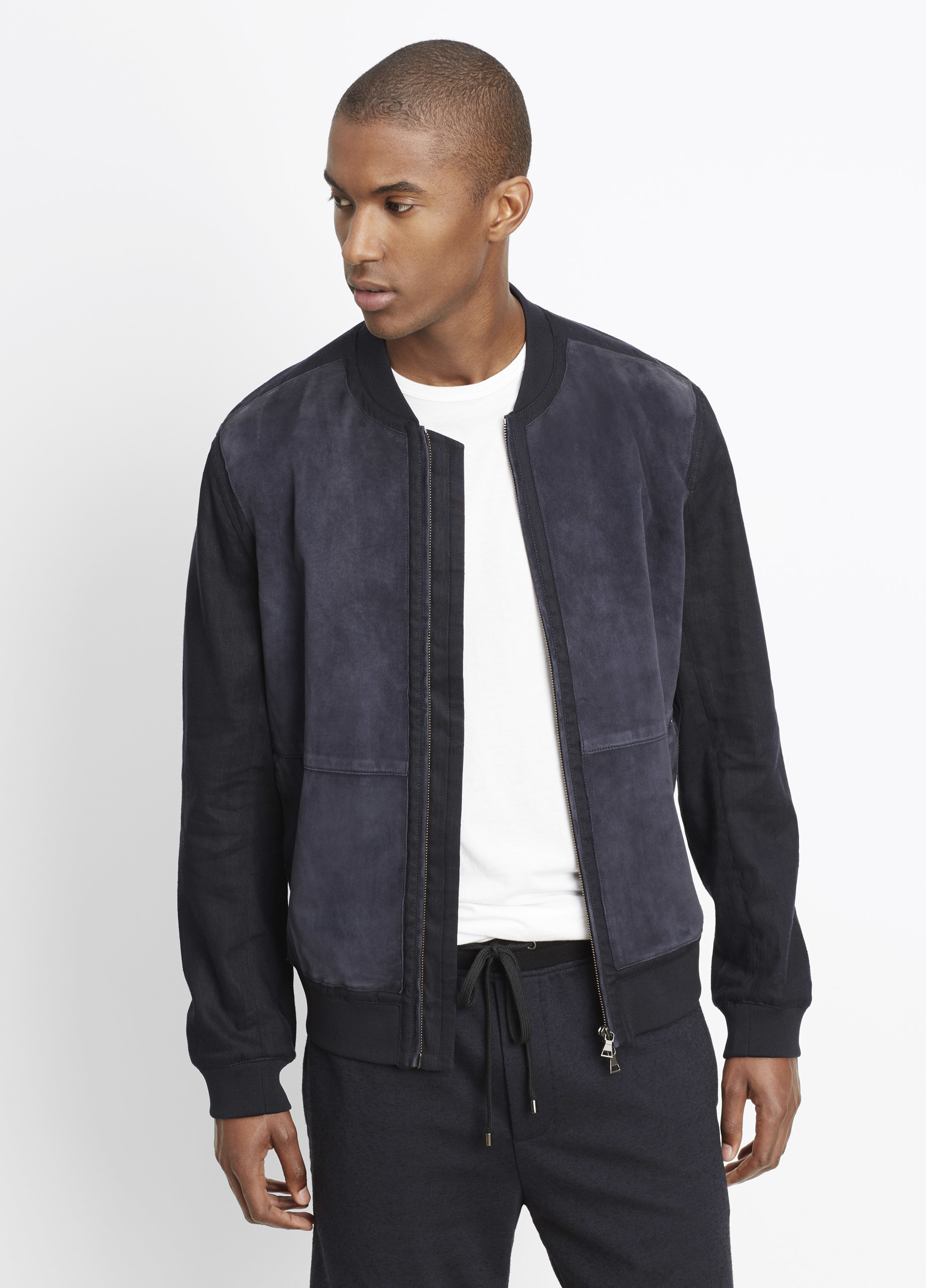 Vince Linen Bomber Jacket With Suede Front in Blue for Men - Lyst
