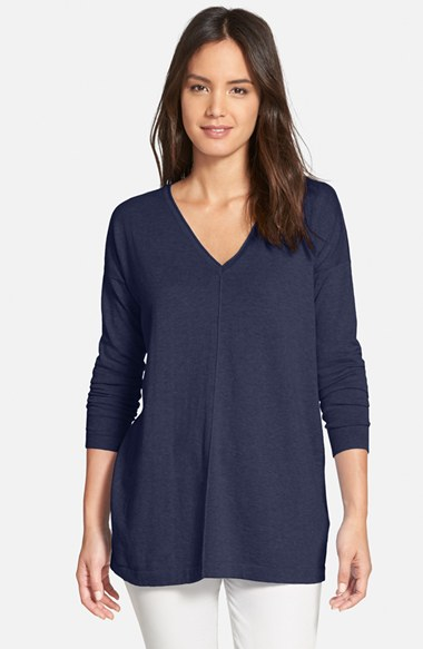 Eileen Fisher Organic Cotton & Cashmere V-neck Tunic Sweater in Blue (MIDNIGHT) | Lyst