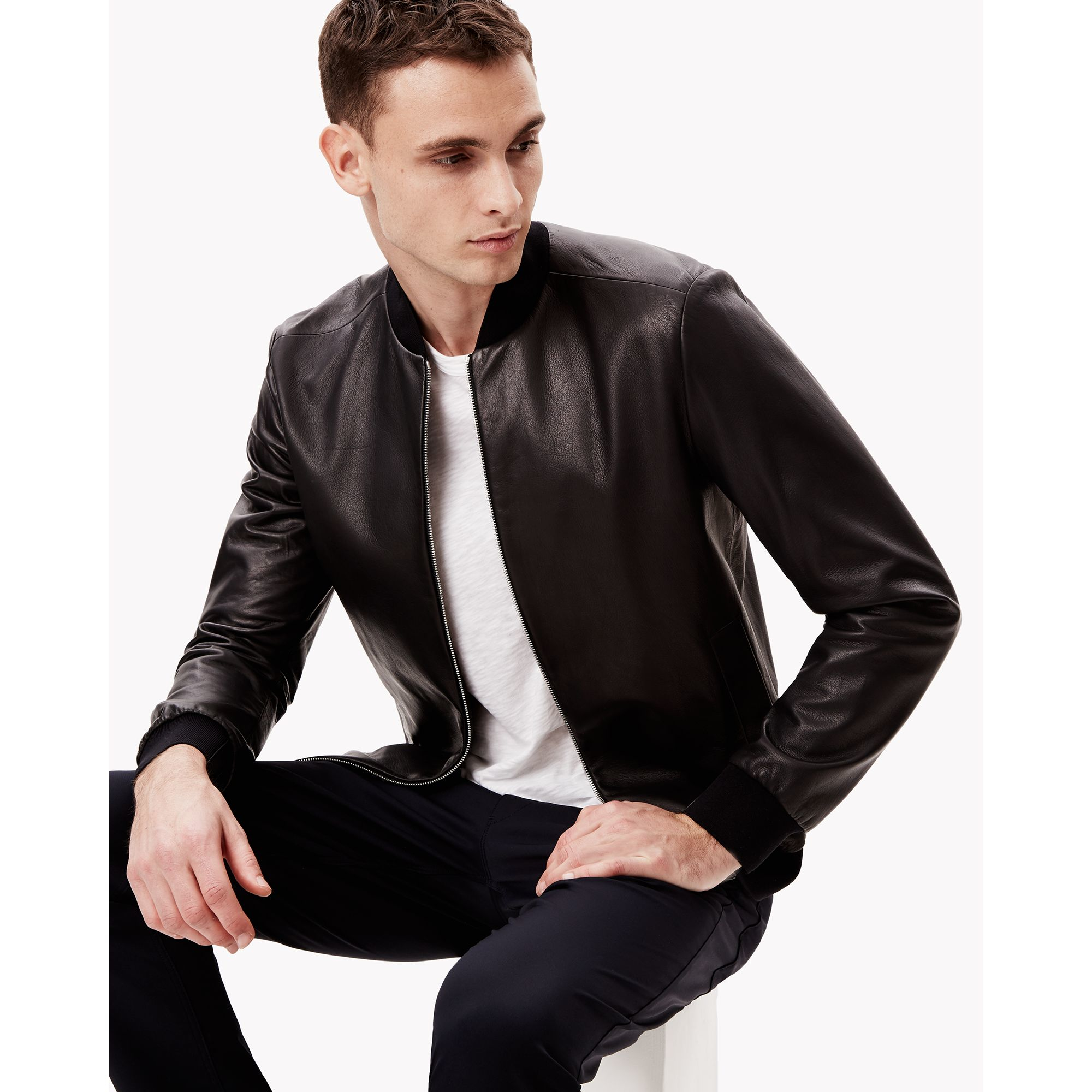 Theory Slim Leather Bomber Jacket in Black for Men | Lyst