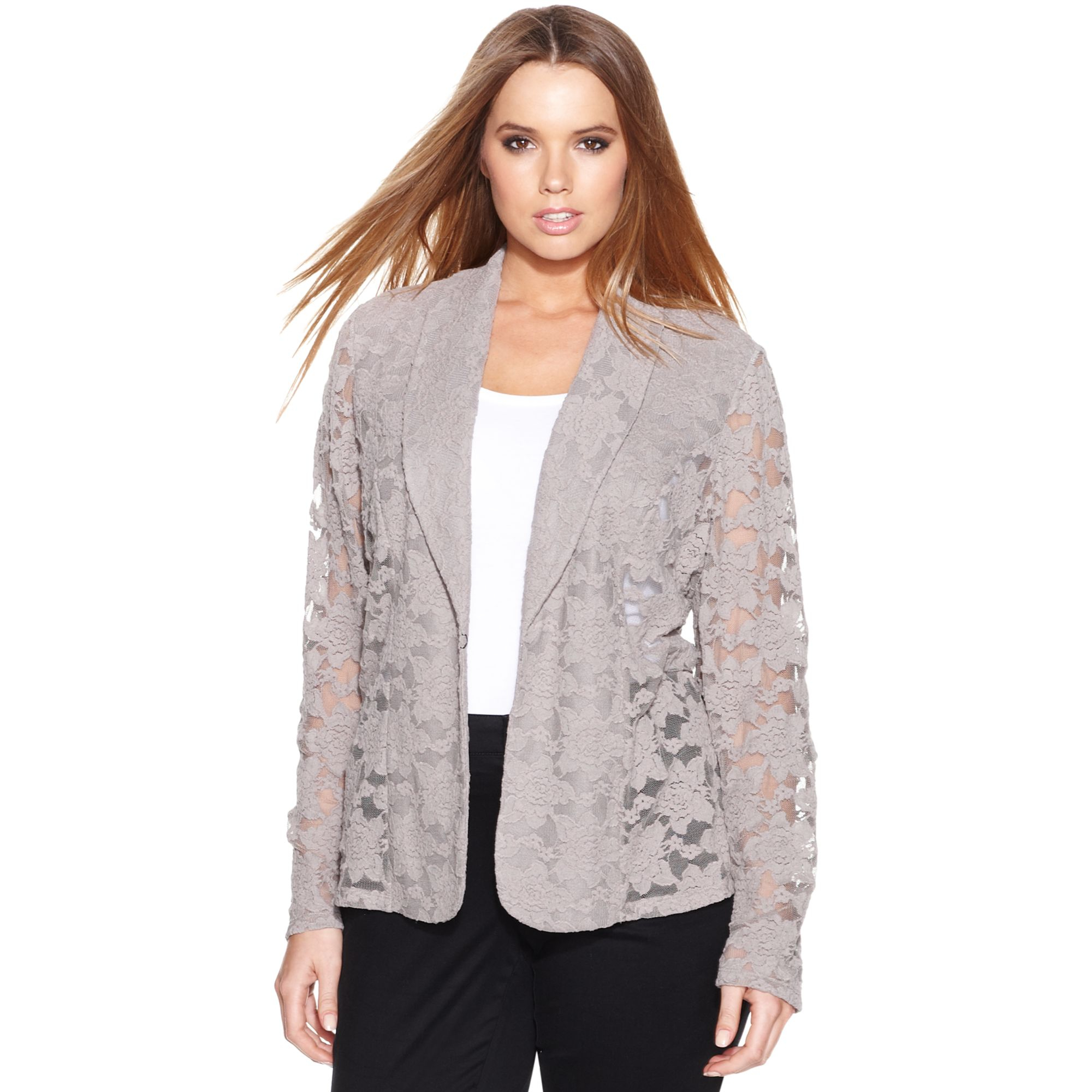 Inc International Concepts Plus Size Lace Blazer in Gray (Truffle Taupe ...
