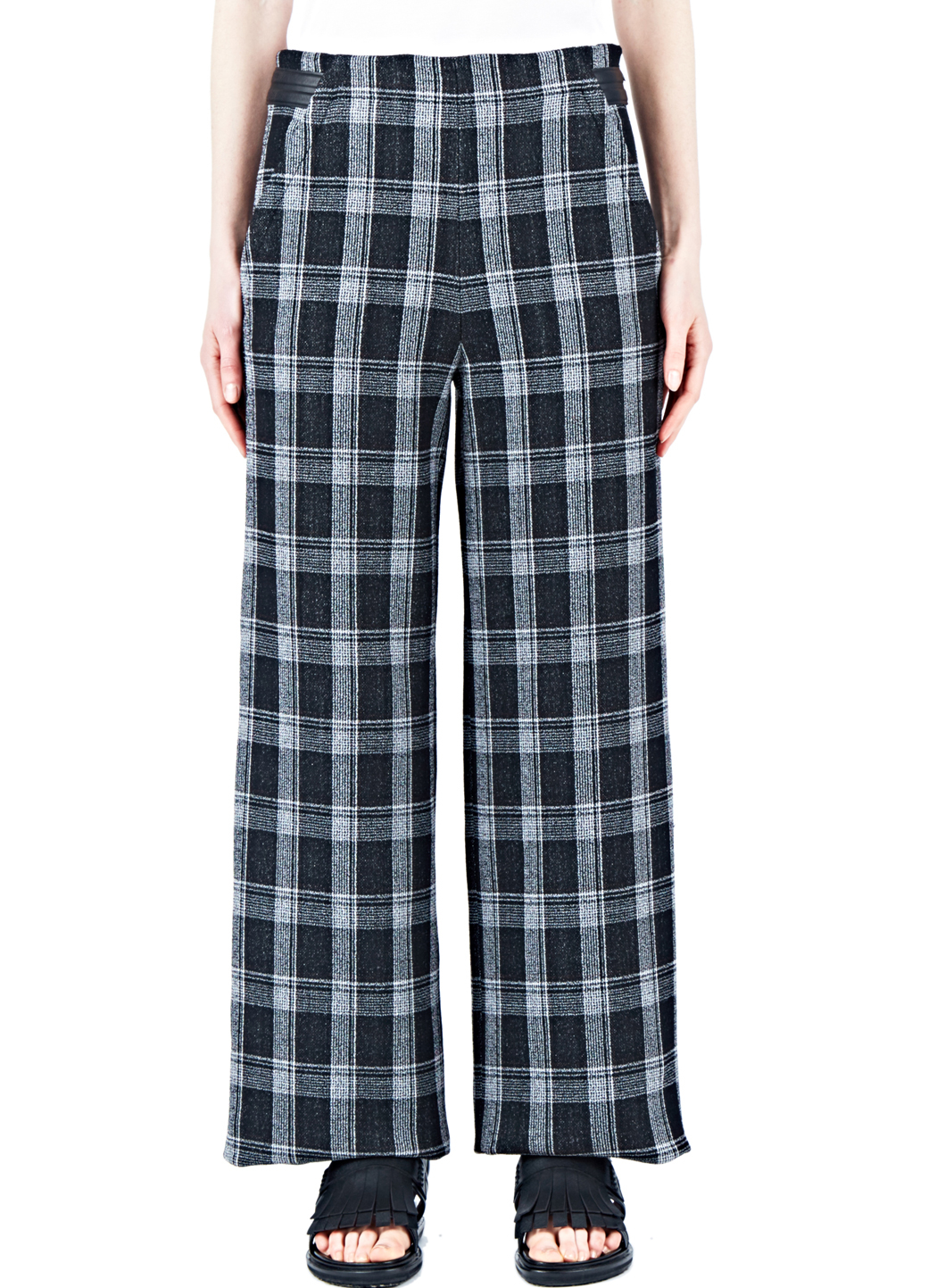 Having trouble using this site with a screen reader or any other Accessible technology? Have a fun adult play date in these plaid pants. They feature a high waist with a side zipper closure, dramatic wide pant legs, and a blue and white plaid pattern. Woven fabric offers no stretch. Model is 5'7