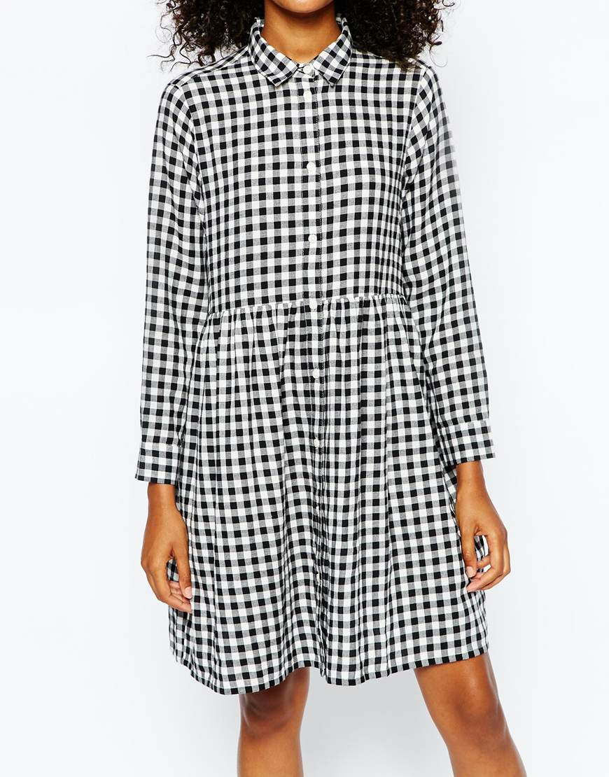 Monki Gingham Smock Shirt Dress in White (Black) Lyst