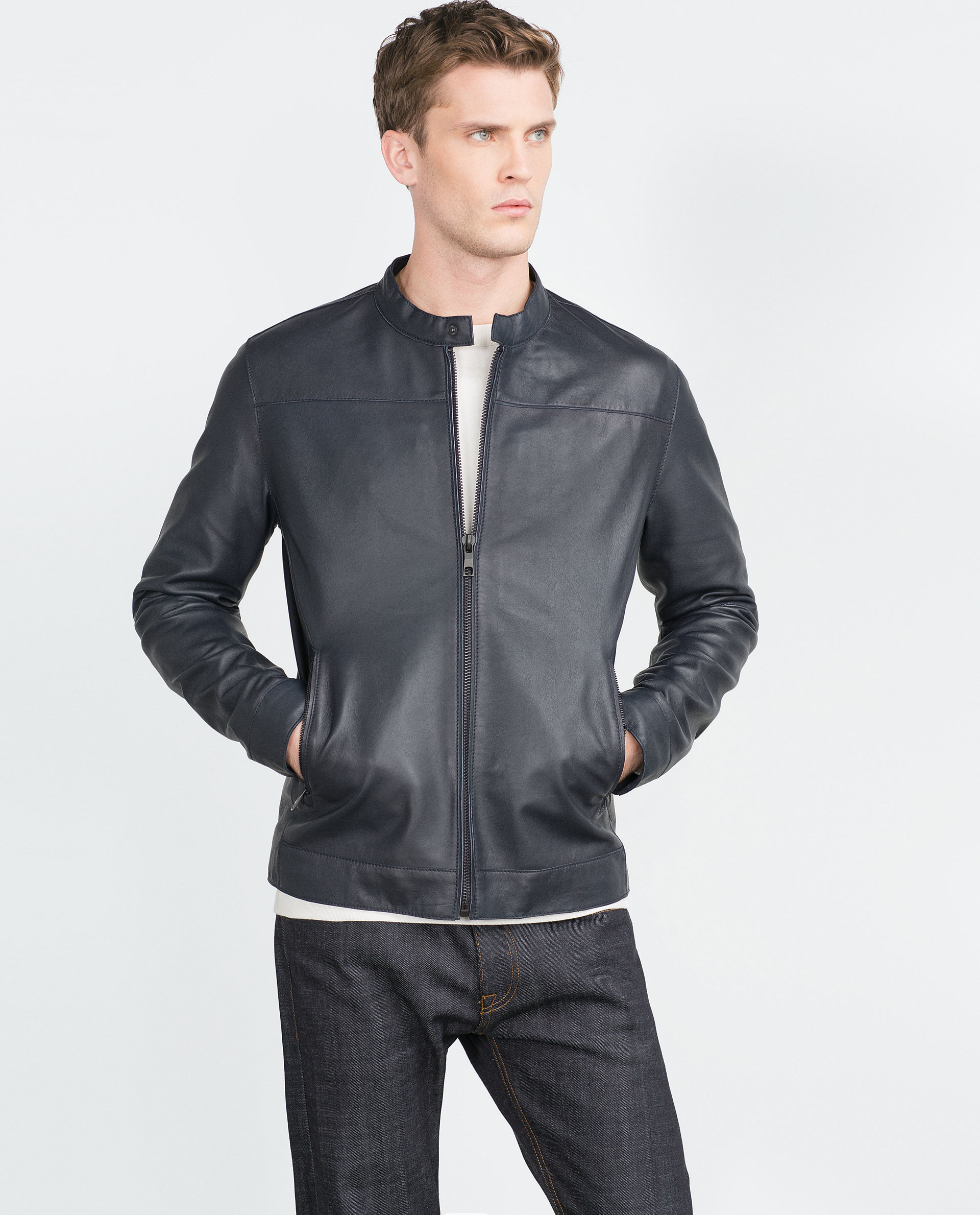 Zara Nappa Leather Jacket In Blue For Men Lyst Gallery