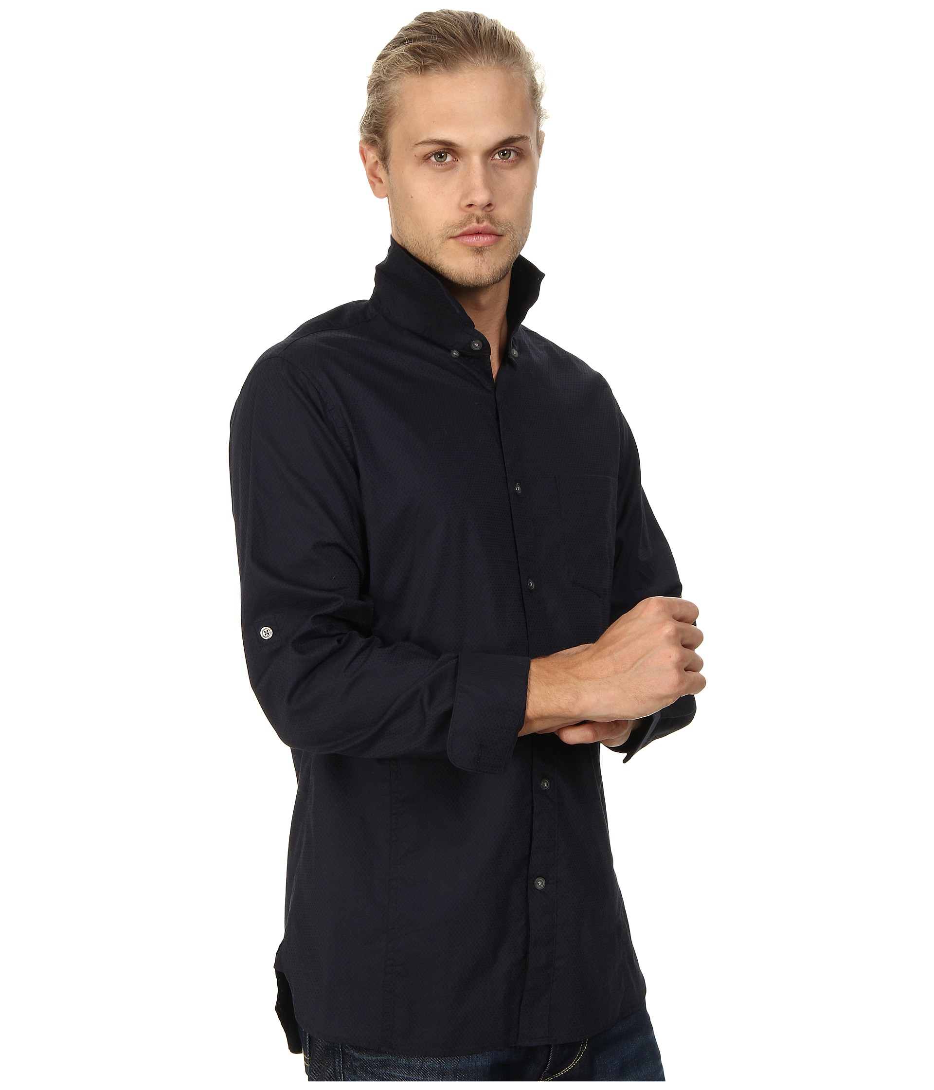 John varvatos Roll Up Sleeve Shirt W/ Button Down Collar in Blue for
