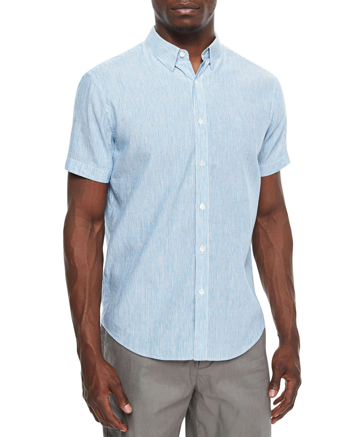 Theory Mini-Stripe Short-Sleeved Linen-Blend Shirt in Blue for Men - Lyst