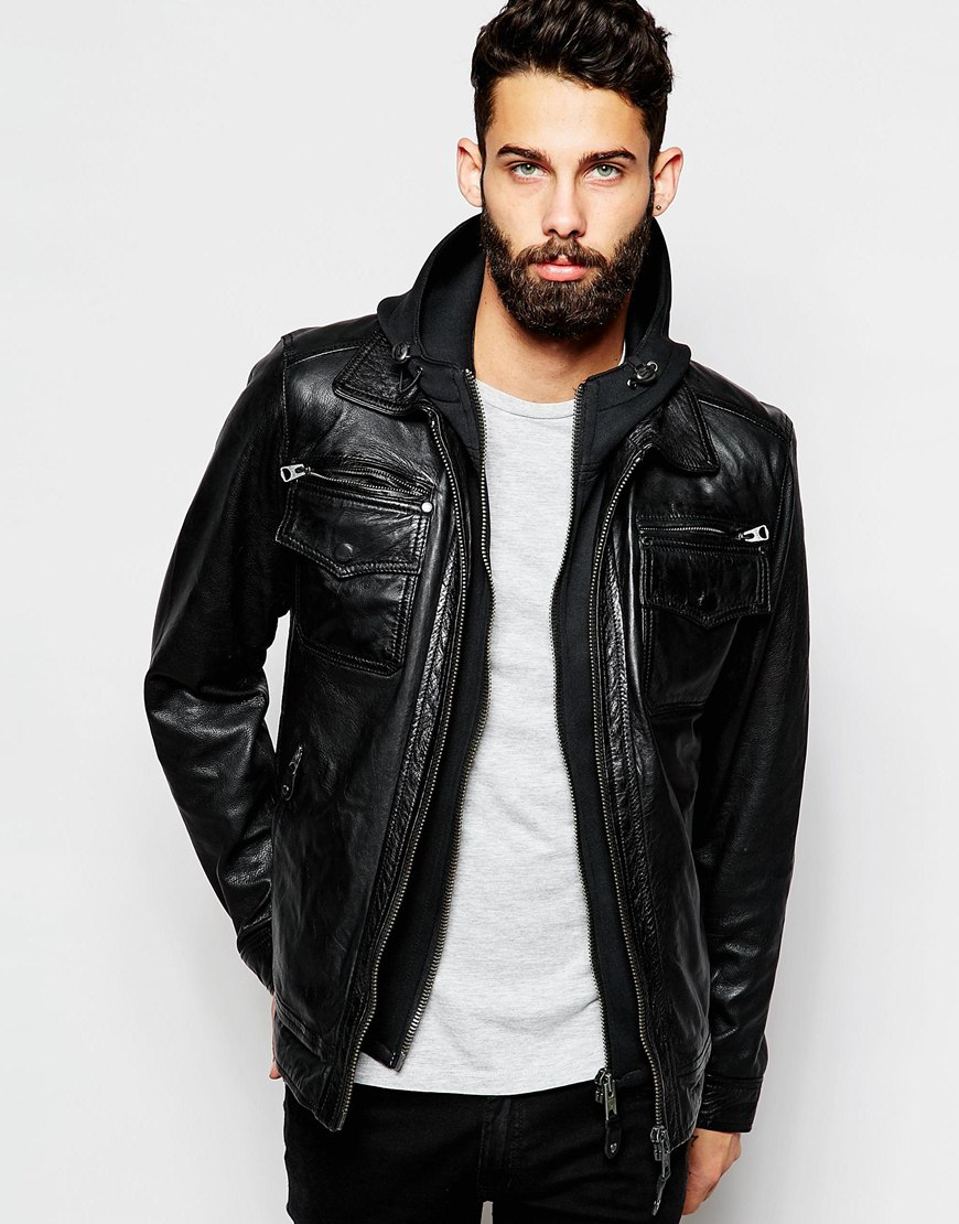 Schott Nyc Leather Jacket With Hoodie Insert in Black for Men | Lyst