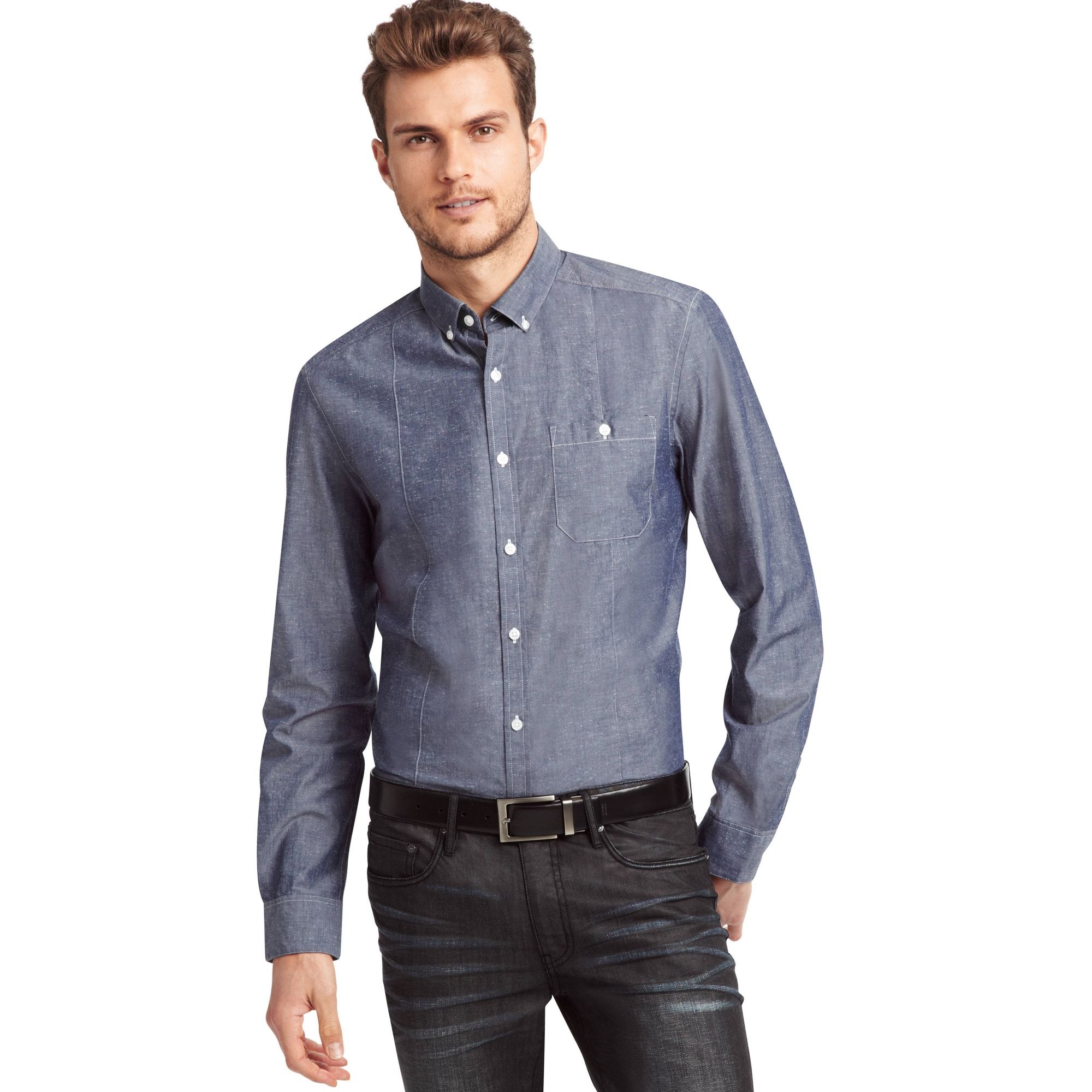 Kenneth Cole Long Sleeve Chambray Shirt in Blue for Men (Chambray Combo ...