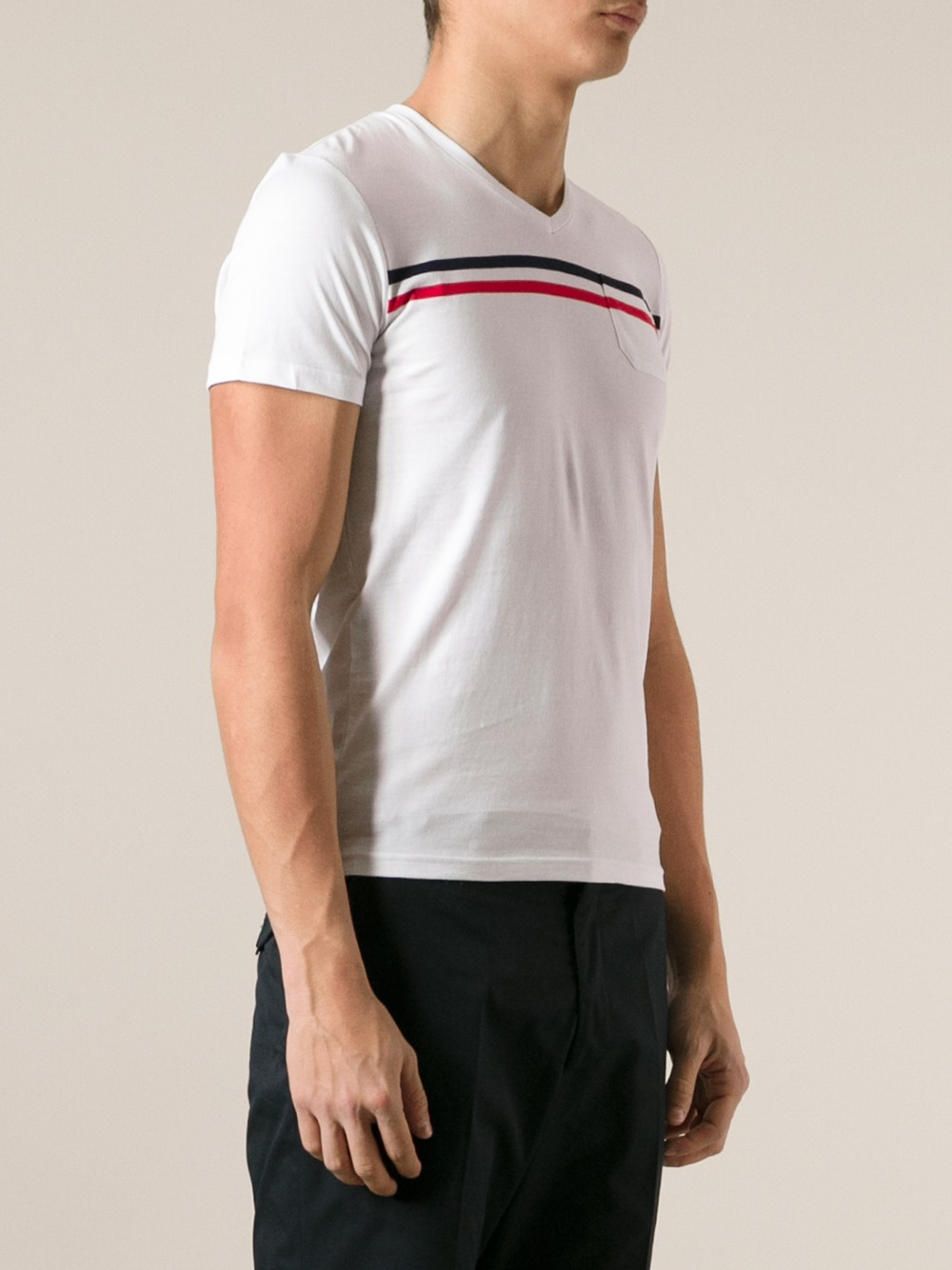 Moncler Striped Detail T-Shirt in White for Men | Lyst