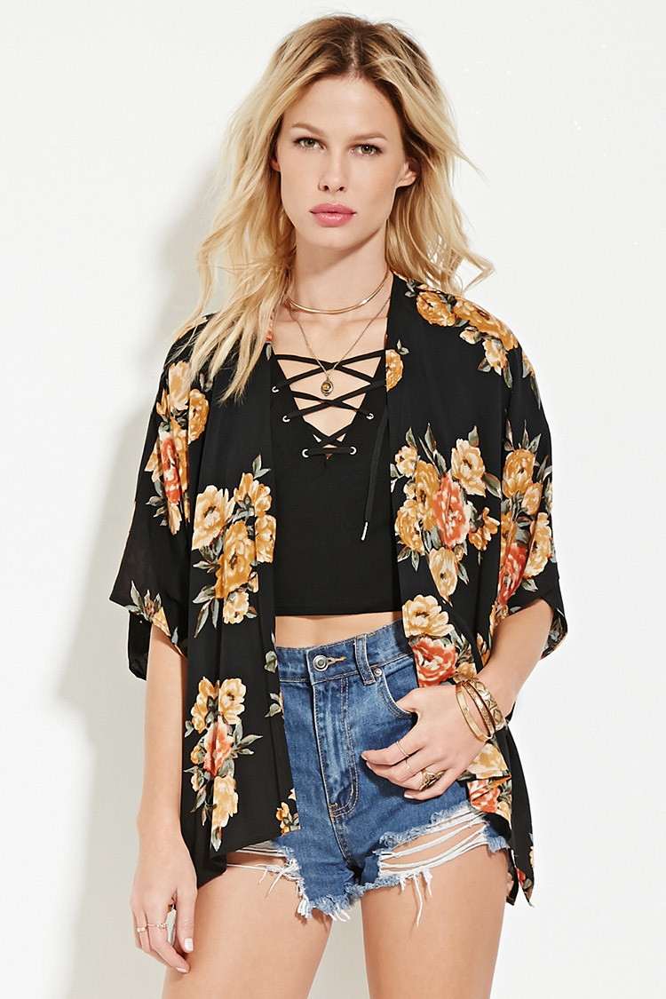 forever 21 black floral kimono