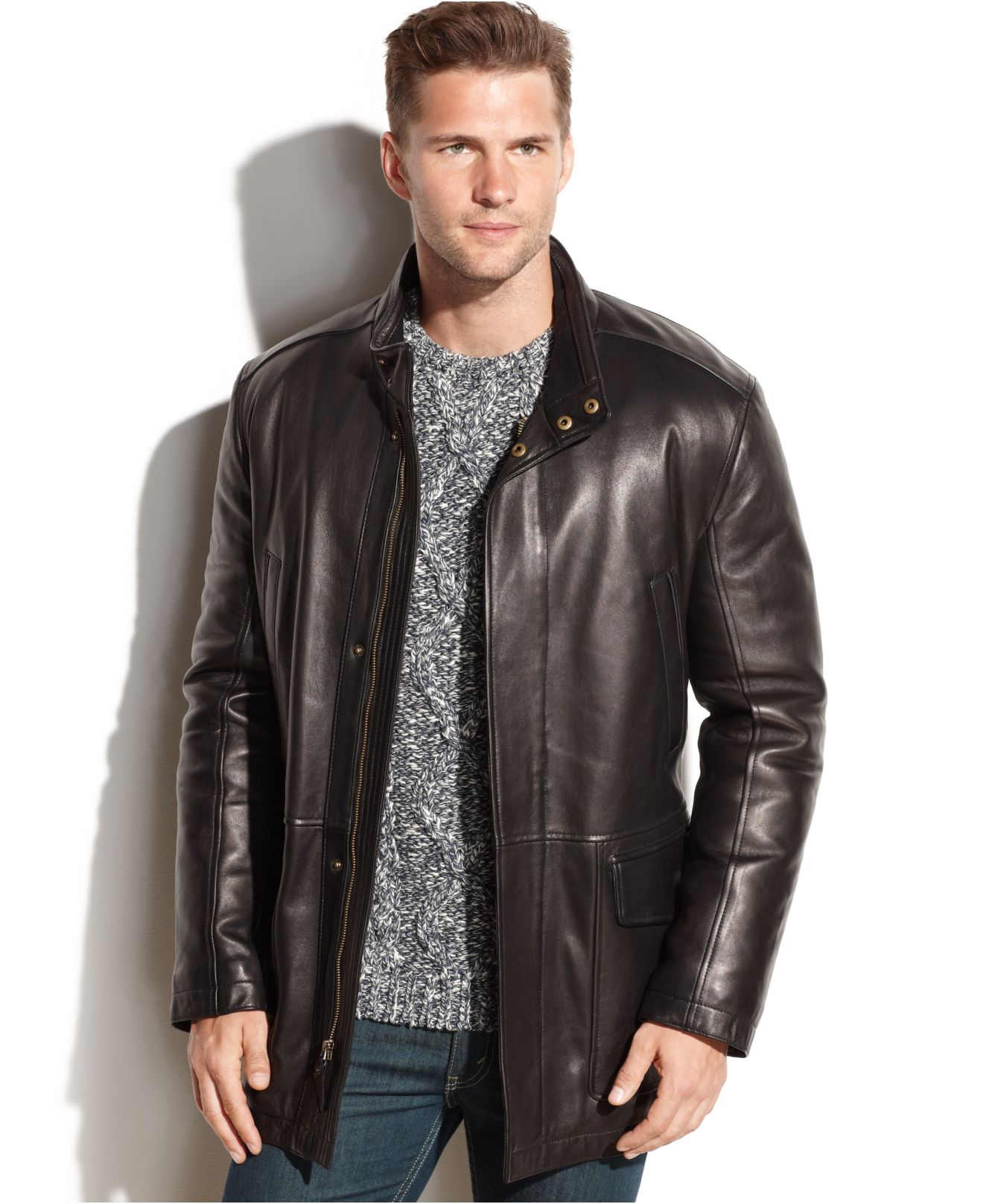 Cole Haan Smooth Leather Car Coat in Black for Men - Lyst