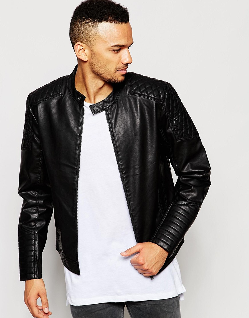 Jack Jones Black Faux Leather Biker Jacket With Quilted Sleeves For Men