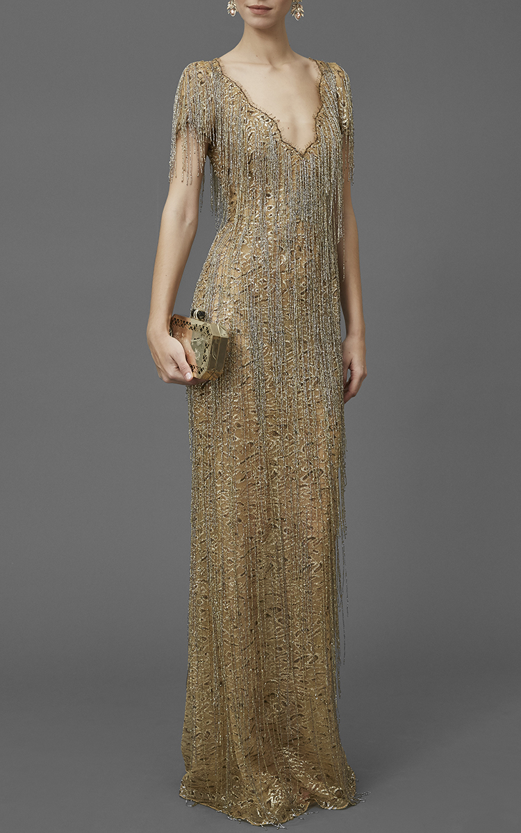 Marchesa Bugle Beaded Fringe Lace Gown in Metallic | Lyst
