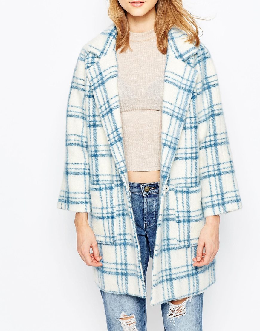 Ganni Wool Checked Coat in Blue - Lyst