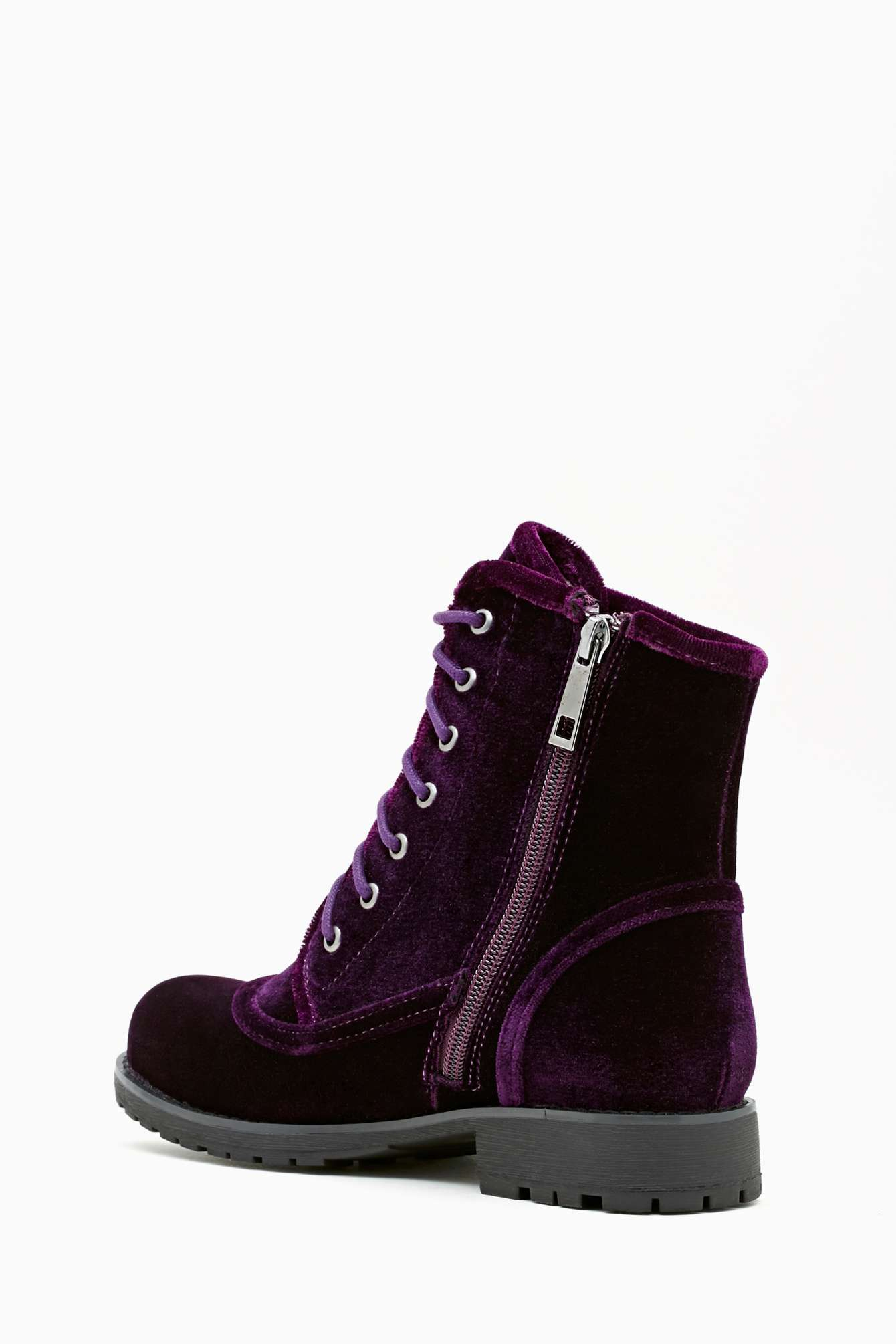 purple velvet combat boots