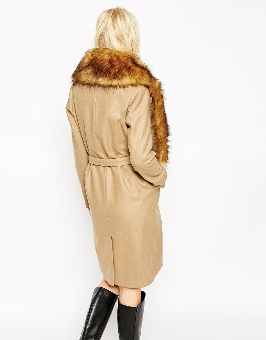 Asos Coat With Faux Fur Stole Camel In Stone Natural Lyst