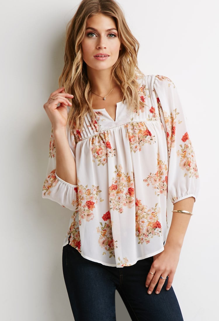 Love 21 Contemporary Floral Print Peasant Top in Floral (Ivory/green ...