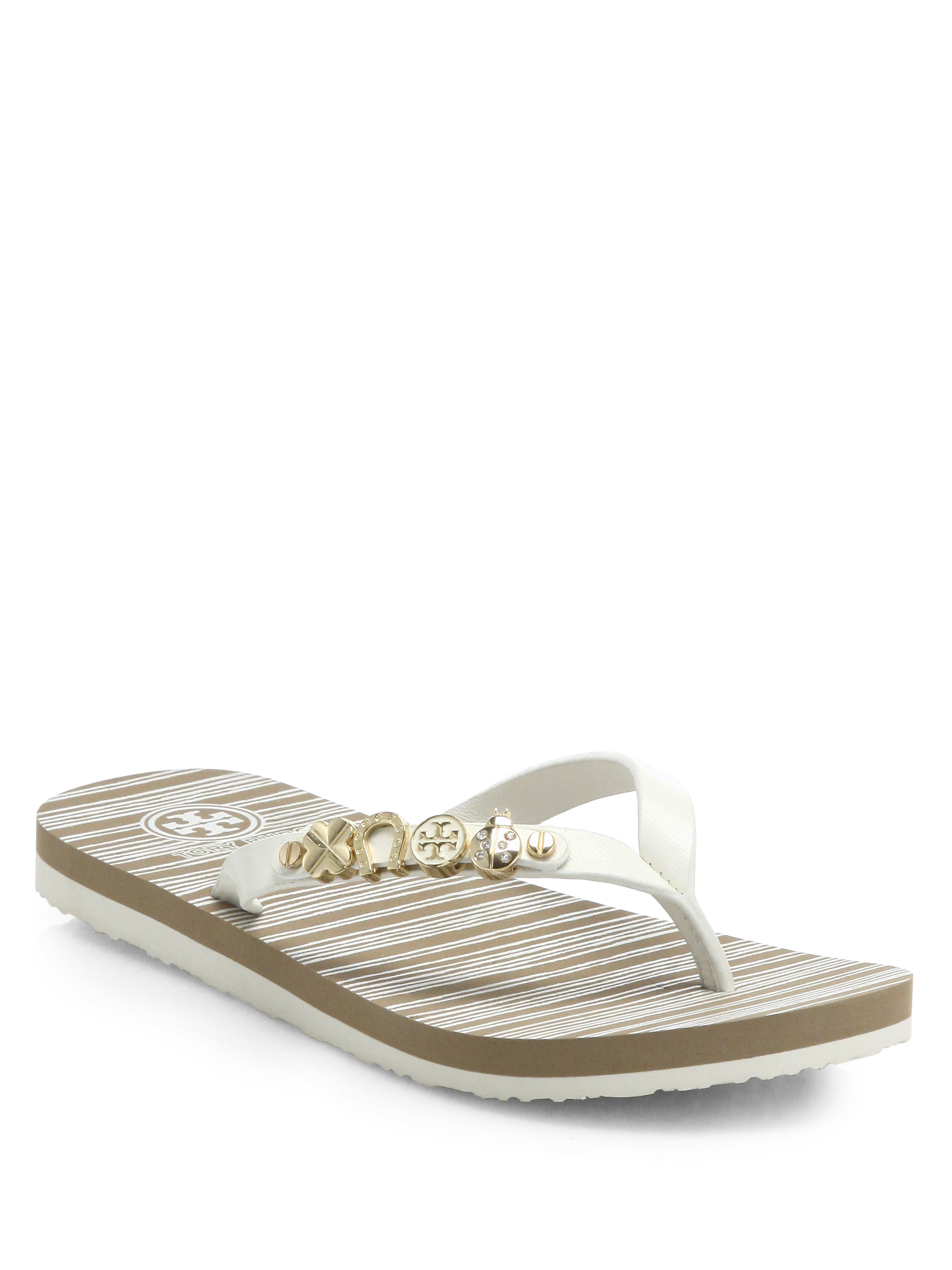 Tory Burch Kiley Embellished Patent Leather Flip Flops in White (IVORY ... Tory Burch Kiley Embellished Patent Leather Flip Flops in White (IVORY ...