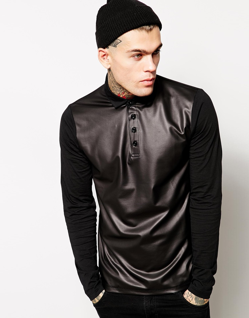 Download Lyst - ASOS Long Sleeve Polo Shirt With Leather Look Front ...