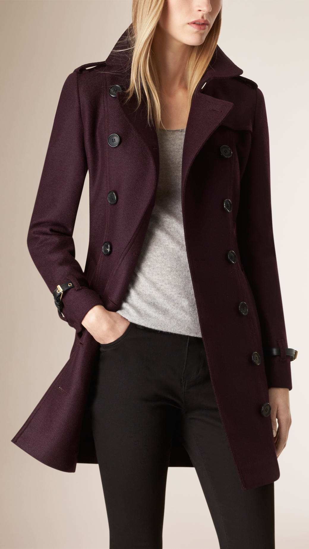 Lyst - Burberry Leather Trim Virgin Wool Trench Coat in Purple