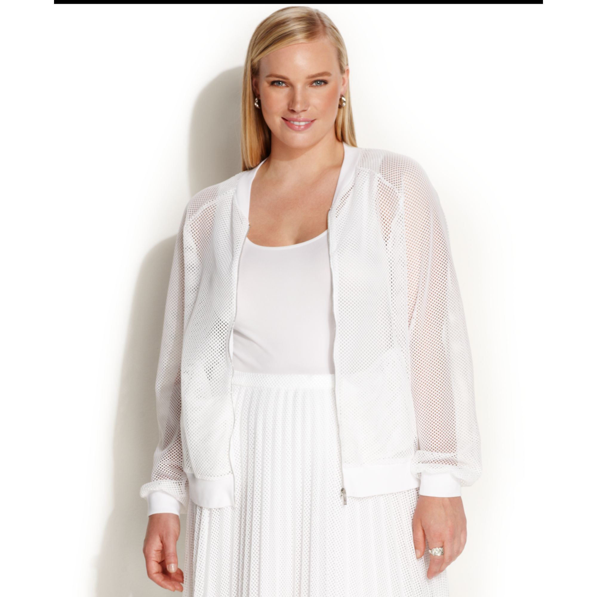 Calvin Klein Plus Size Longsleeve Mesh Bomber Jacket in White | Lyst