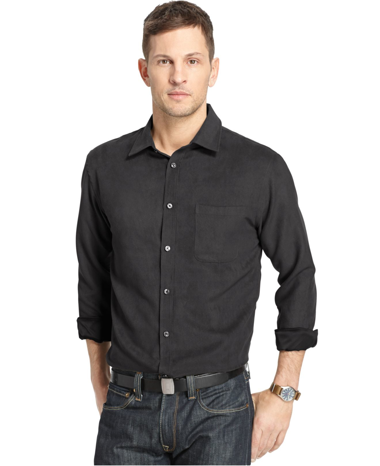 Van Heusen Long Sleeve Faux Suede Shirt in Gray for Men | Lyst