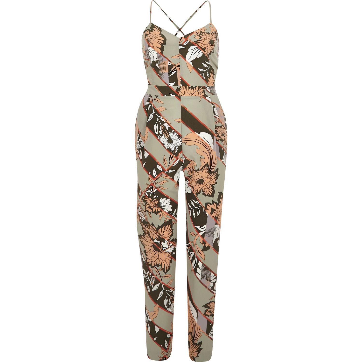 Lyst - River island Green Floral Print Tapered Jumpsuit in Green