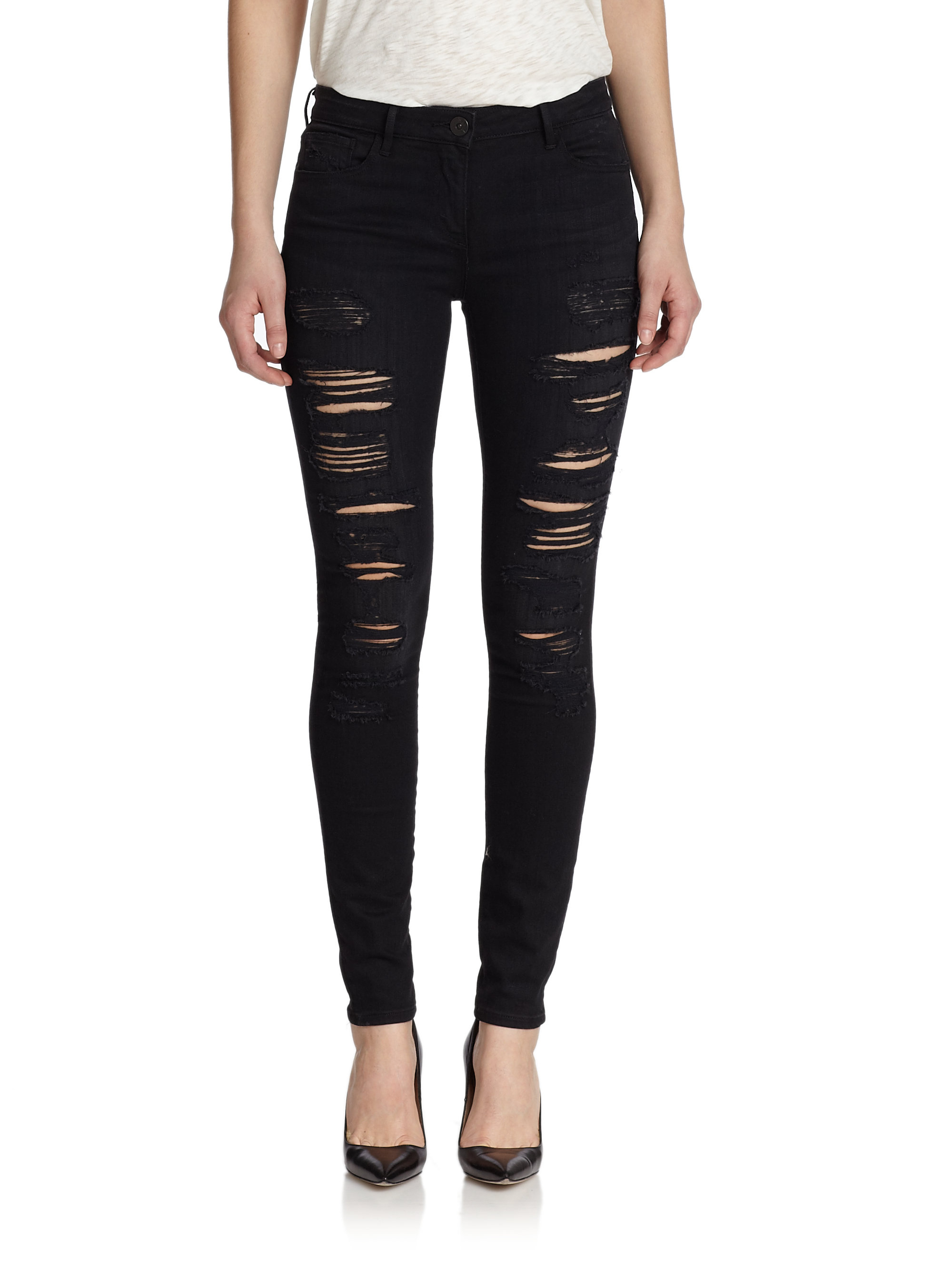 3x1 Distressed Mid-Rise Skinny Jeans in Black | Lyst