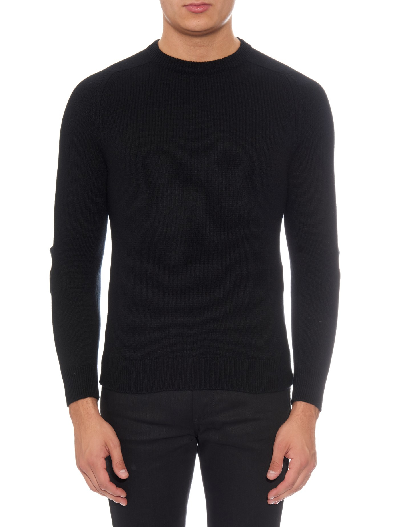 Saint Laurent Leather Elbow-patch Cashmere Sweater in Black for Men - Lyst
