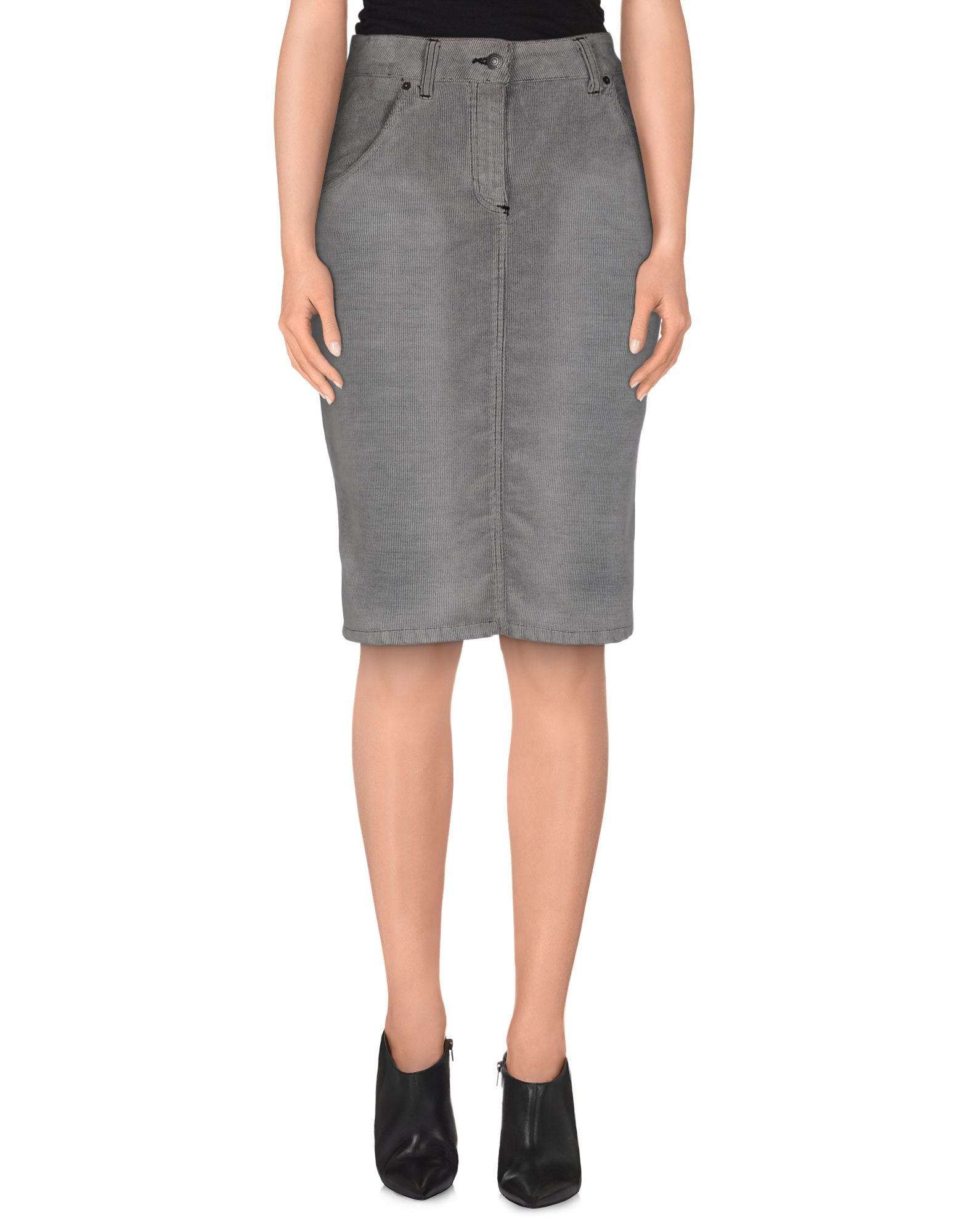 knee length dark denim skirt