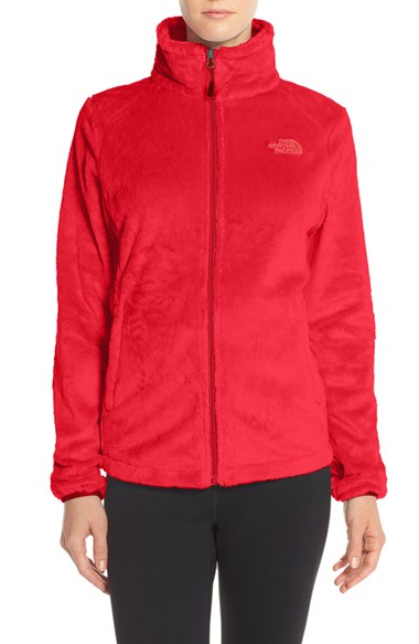 red fuzzy north face jacket