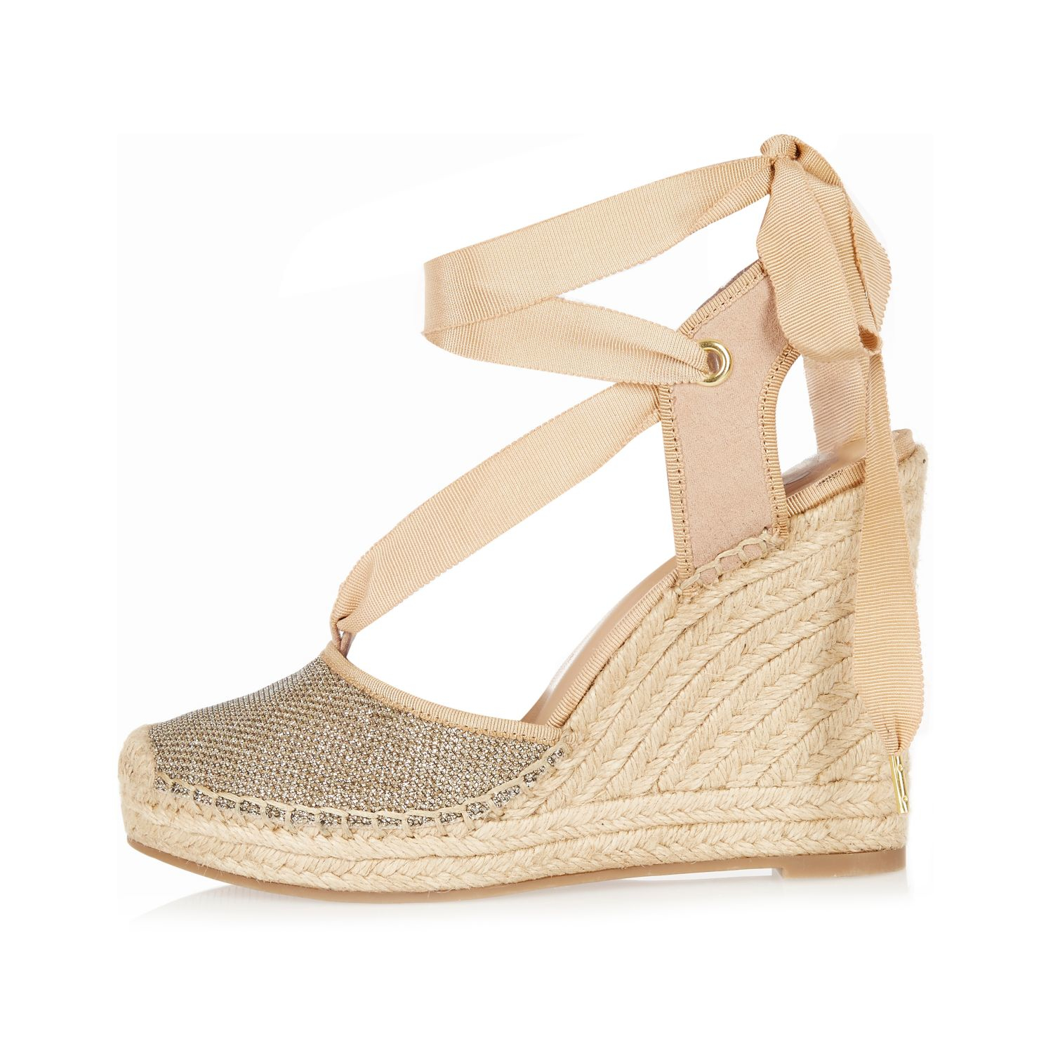 River Island Gold Lace-up Espadrille Wedges in Yellow (Metallic) - Lyst