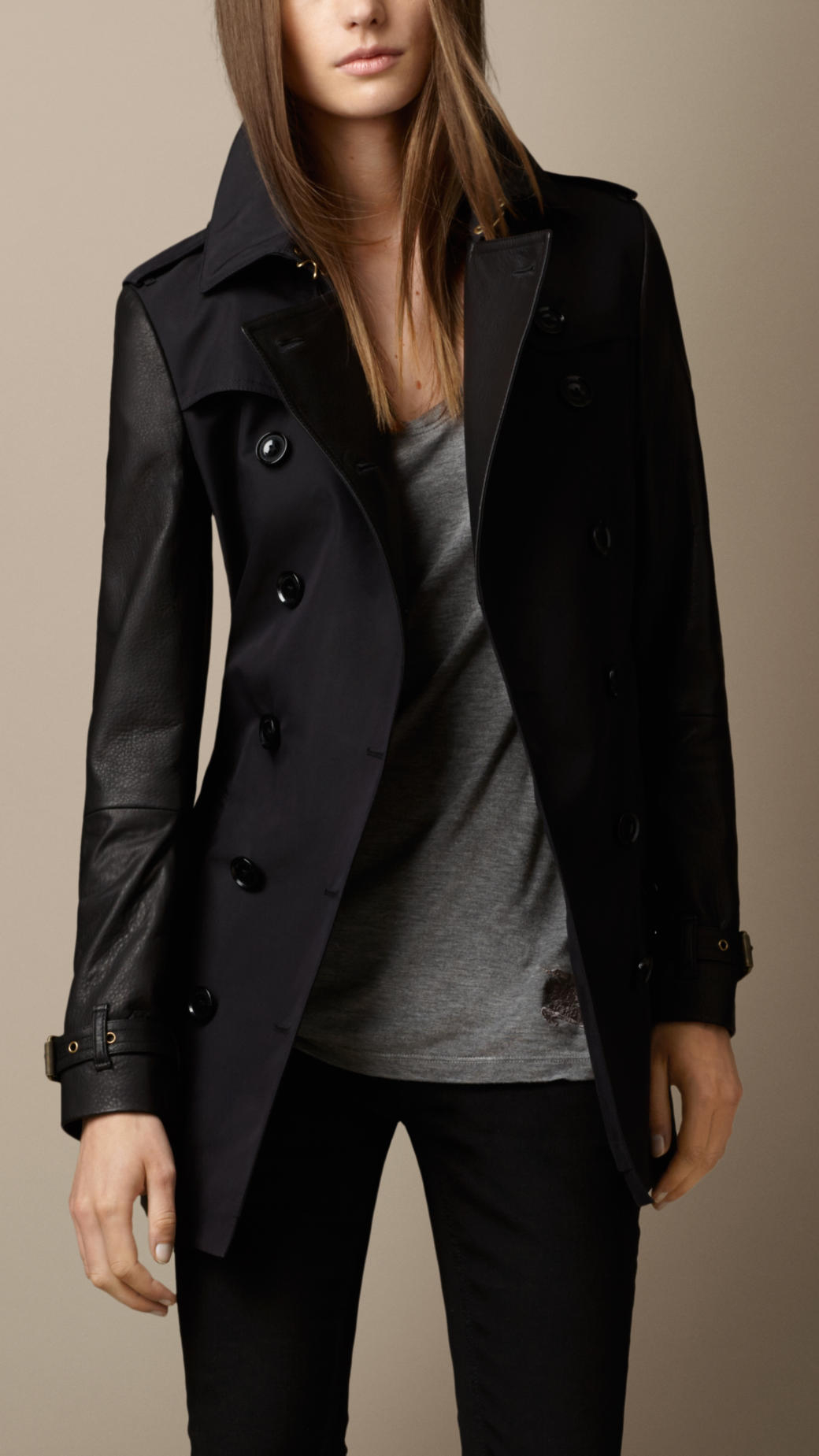 Burberry Leather And Technical Cotton Trench Coat in Black - Lyst